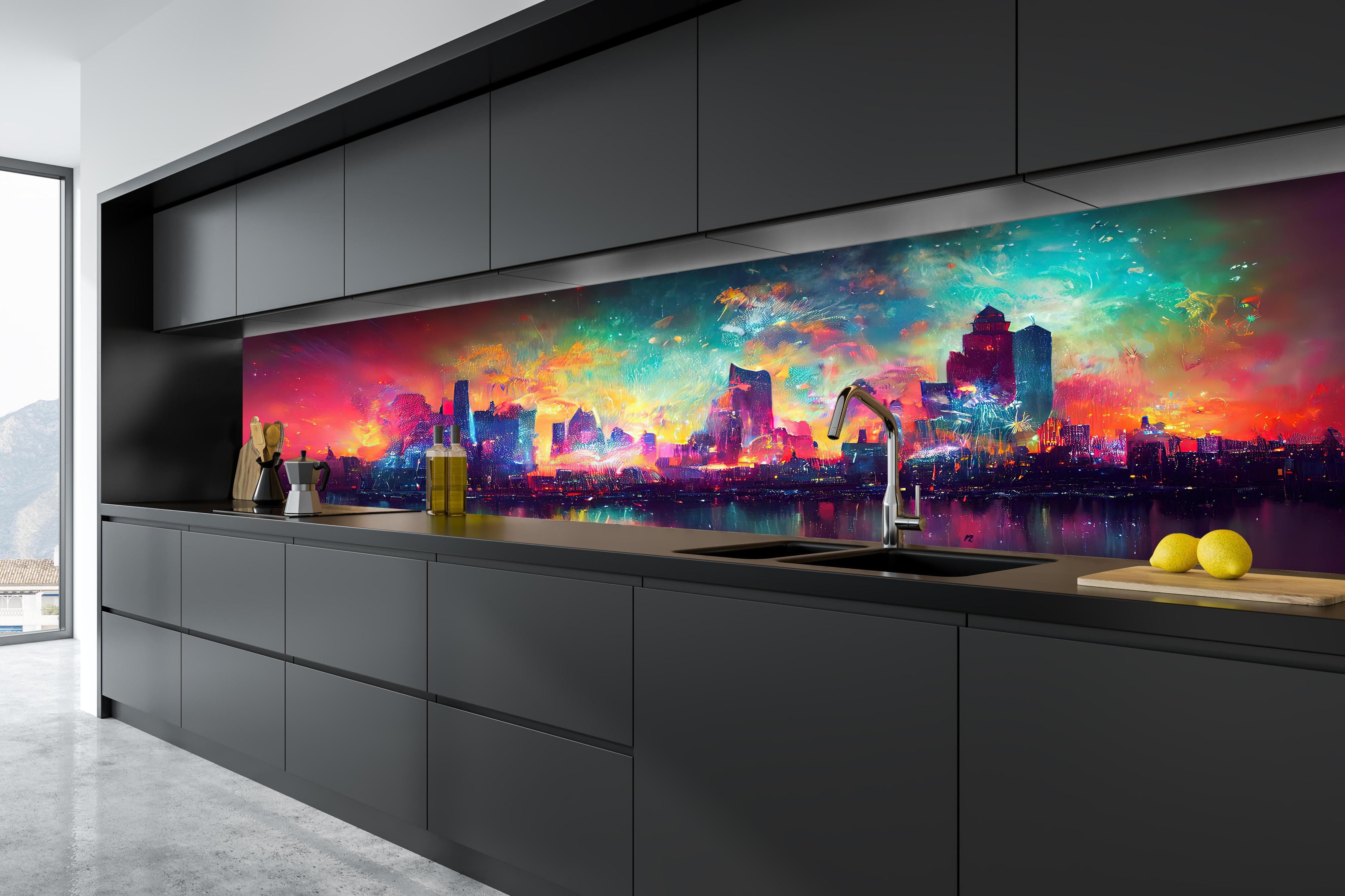 Küche - Buntes Feuerwerk bei Nacht - Graphik hinter weißen Hochglanz-Küchenregalen und schwarzem Wasserhahn