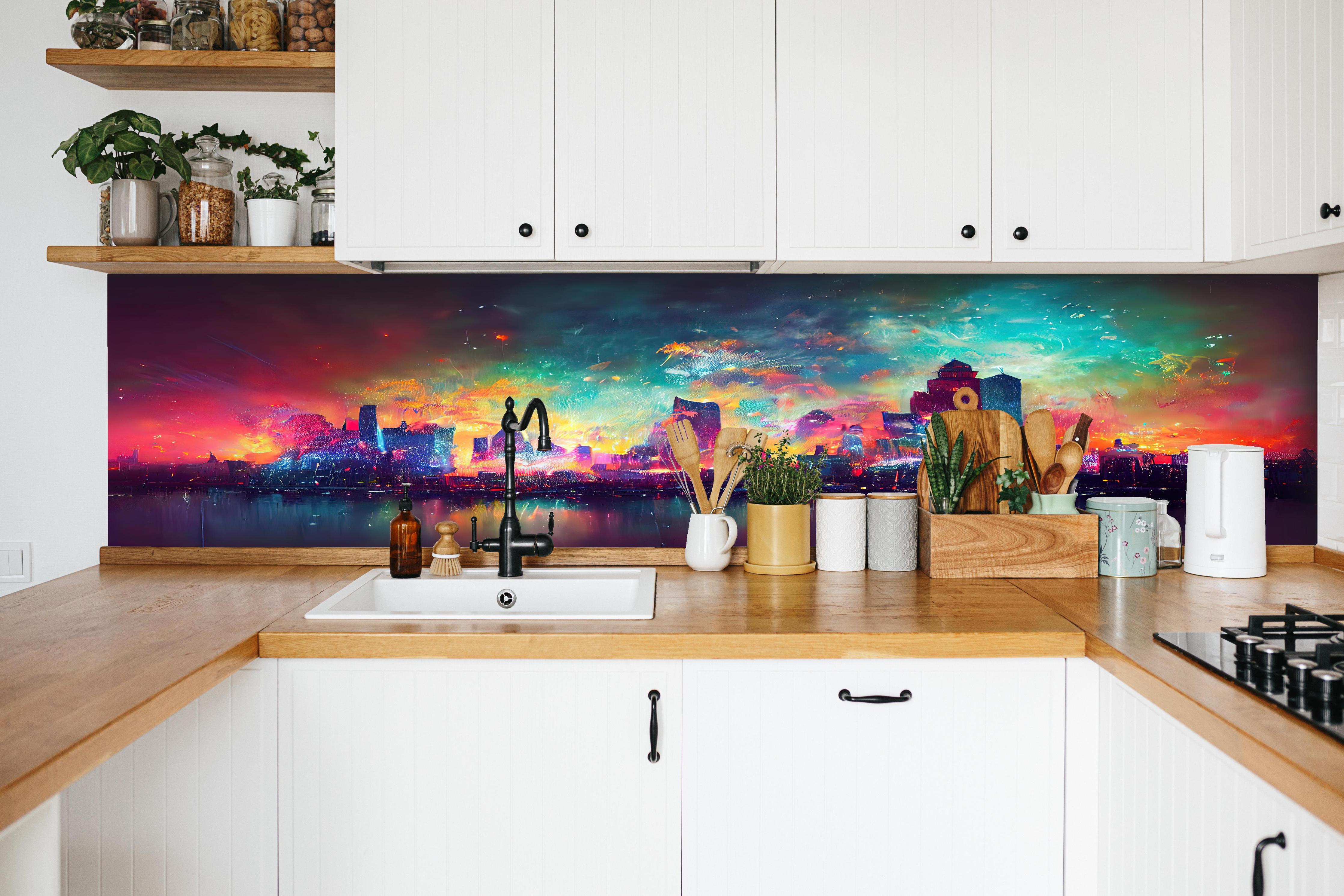 Küche - Buntes Feuerwerk bei Nacht - Graphik hinter weißen Hochglanz-Küchenregalen und schwarzem Wasserhahn