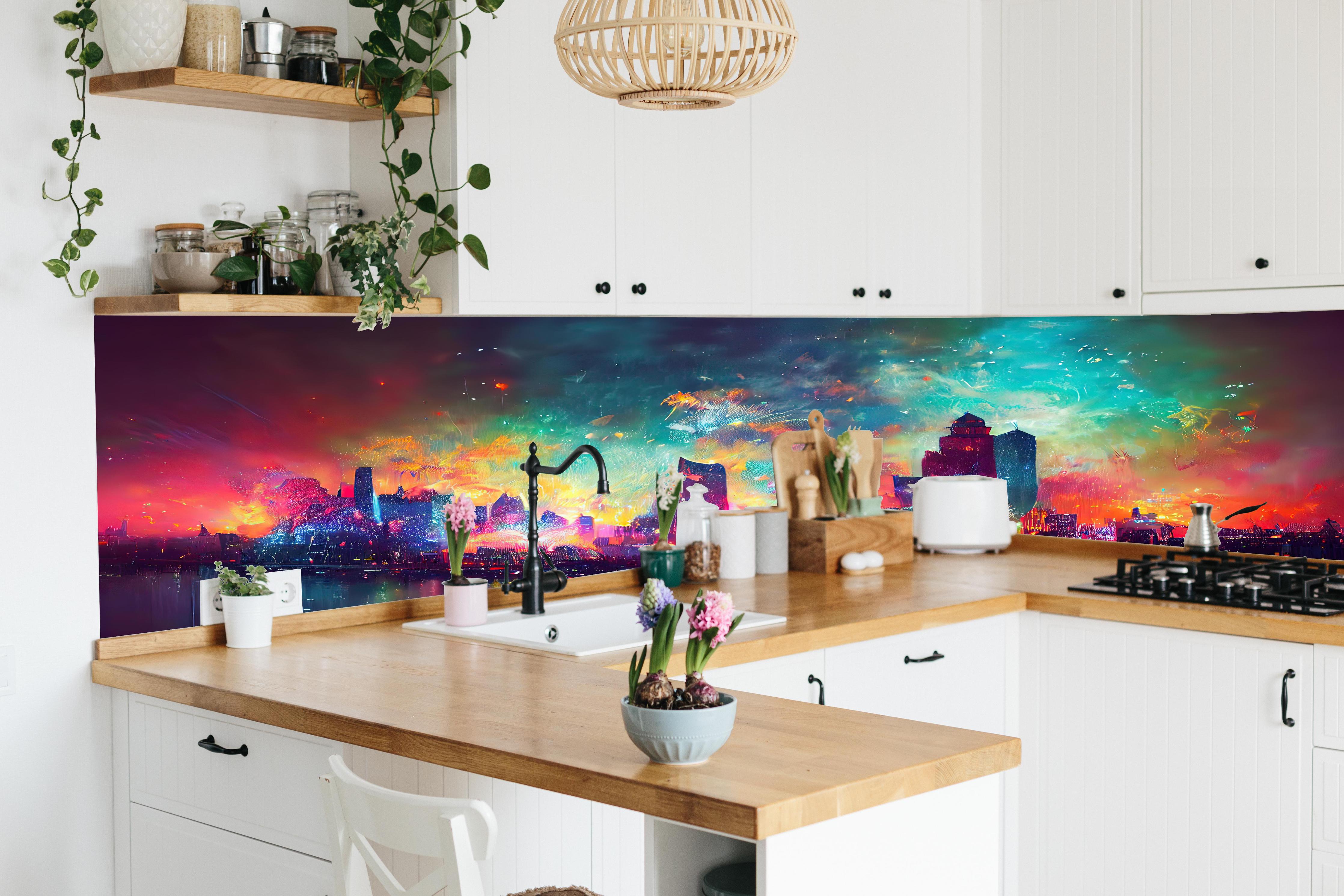 Küche - Buntes Feuerwerk bei Nacht - Graphik hinter weißen Hochglanz-Küchenregalen und schwarzem Wasserhahn