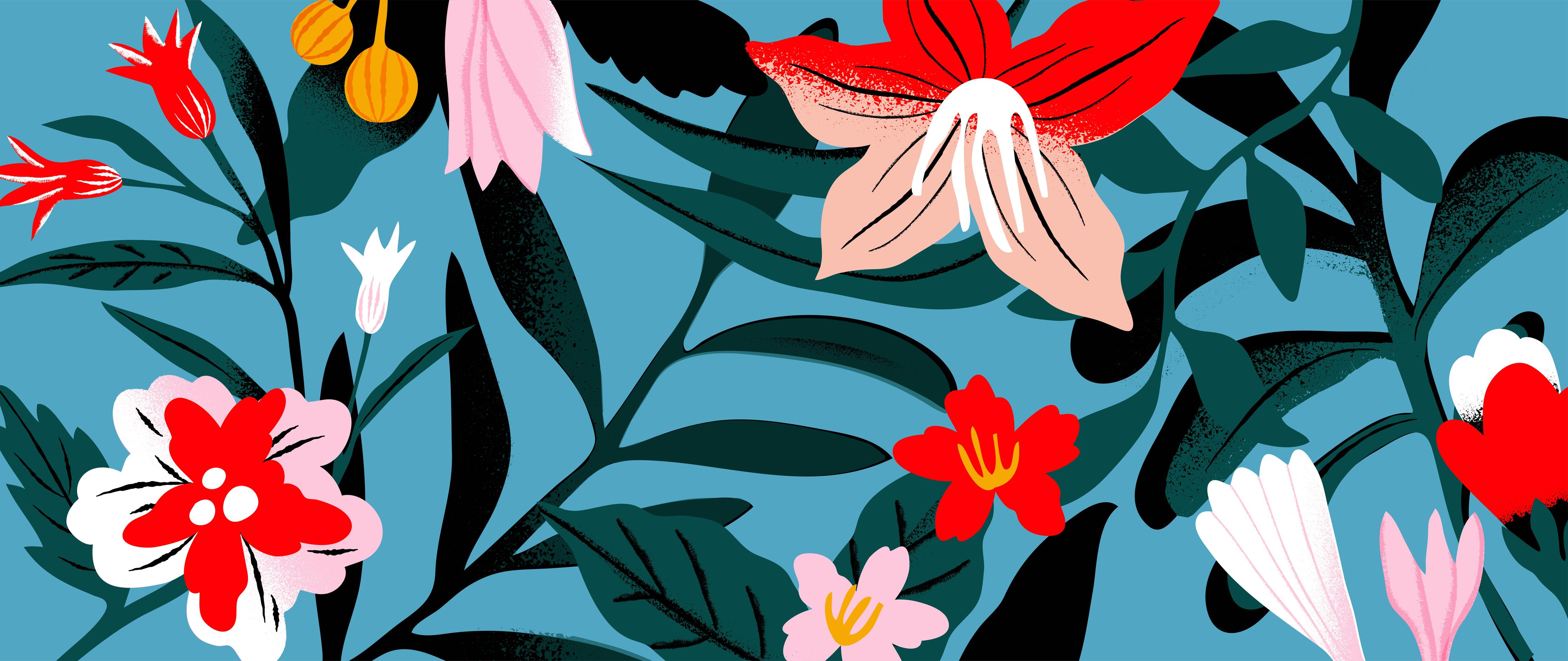 Küchenrückwand-Buntes Florales Muster auf Blauem Hintergrund