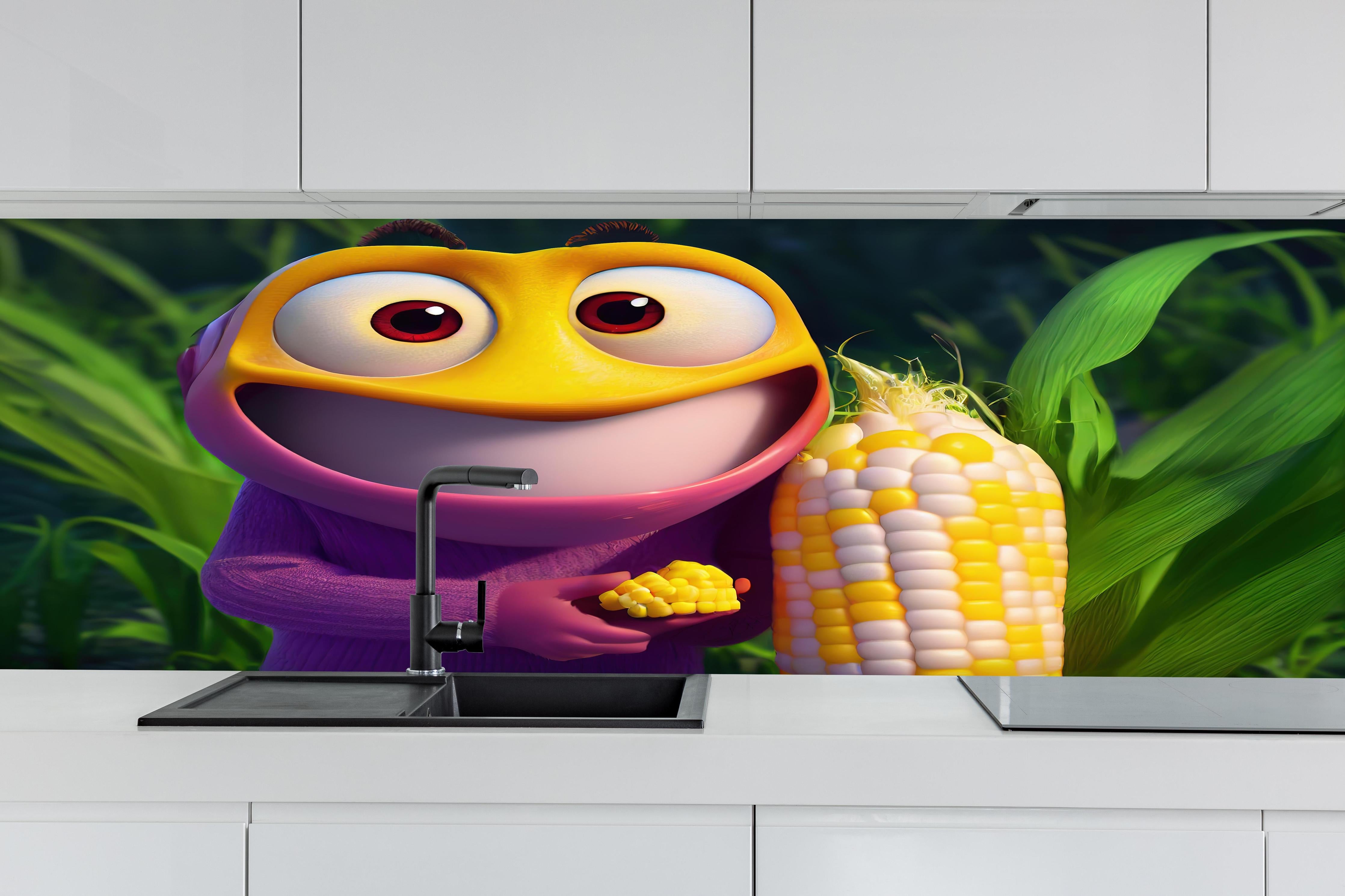 Küche - Cartoon Character mit Maiskolben hinter weißen Hochglanz-Küchenregalen und schwarzem Wasserhahn
