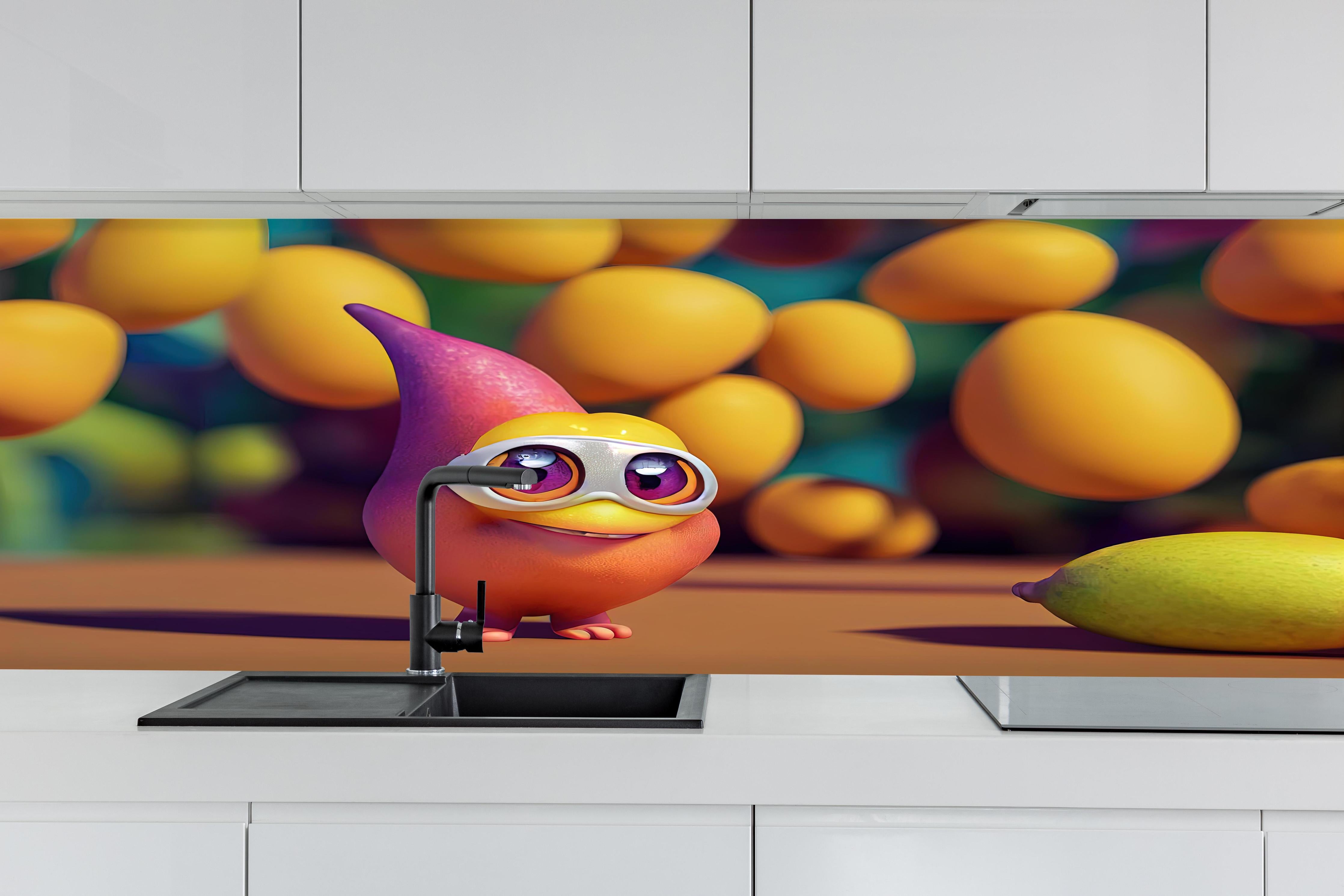 Küche - Cartoon Mangos hinter weißen Hochglanz-Küchenregalen und schwarzem Wasserhahn