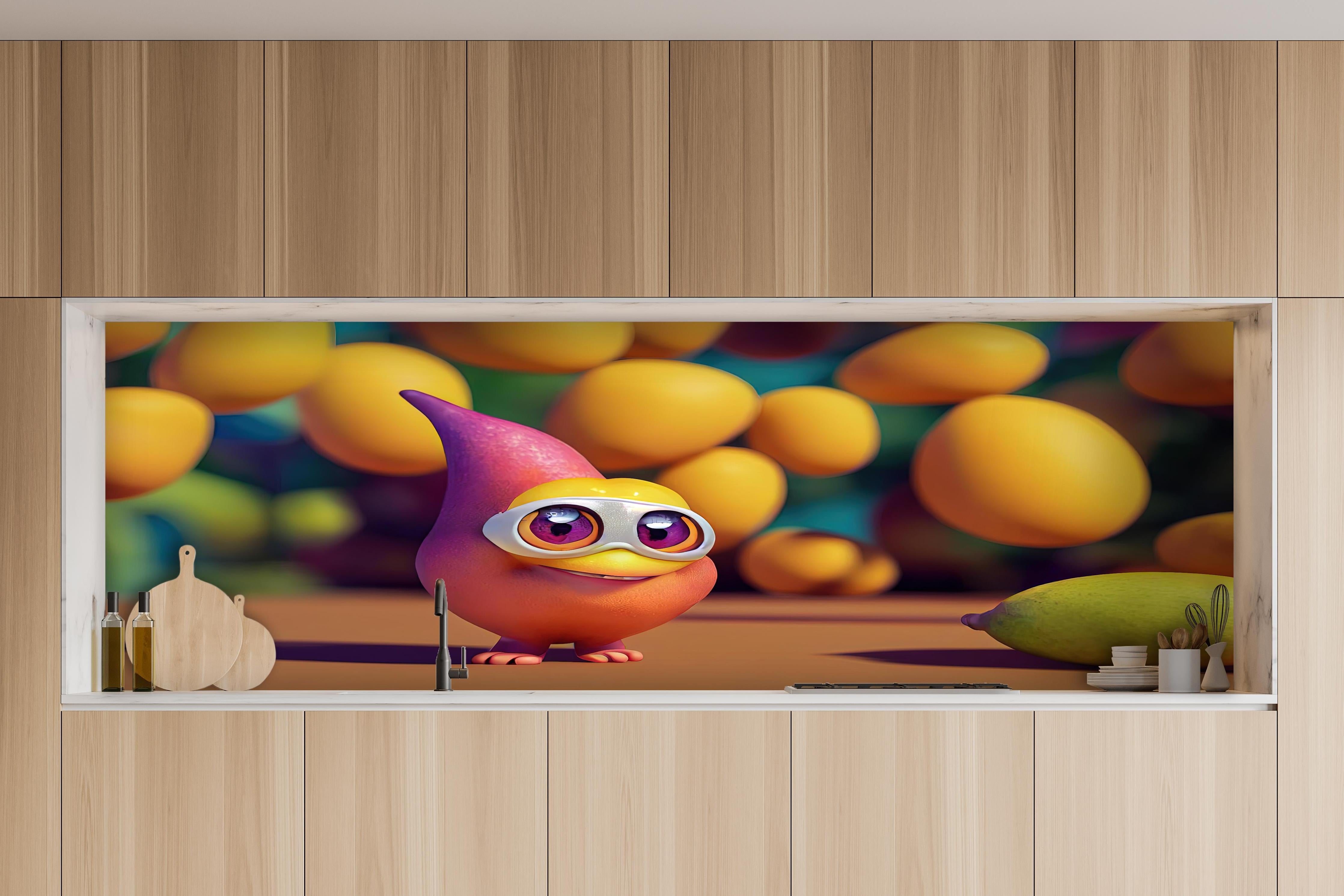 Küche - Cartoon Mangos hinter weißen Hochglanz-Küchenregalen und schwarzem Wasserhahn