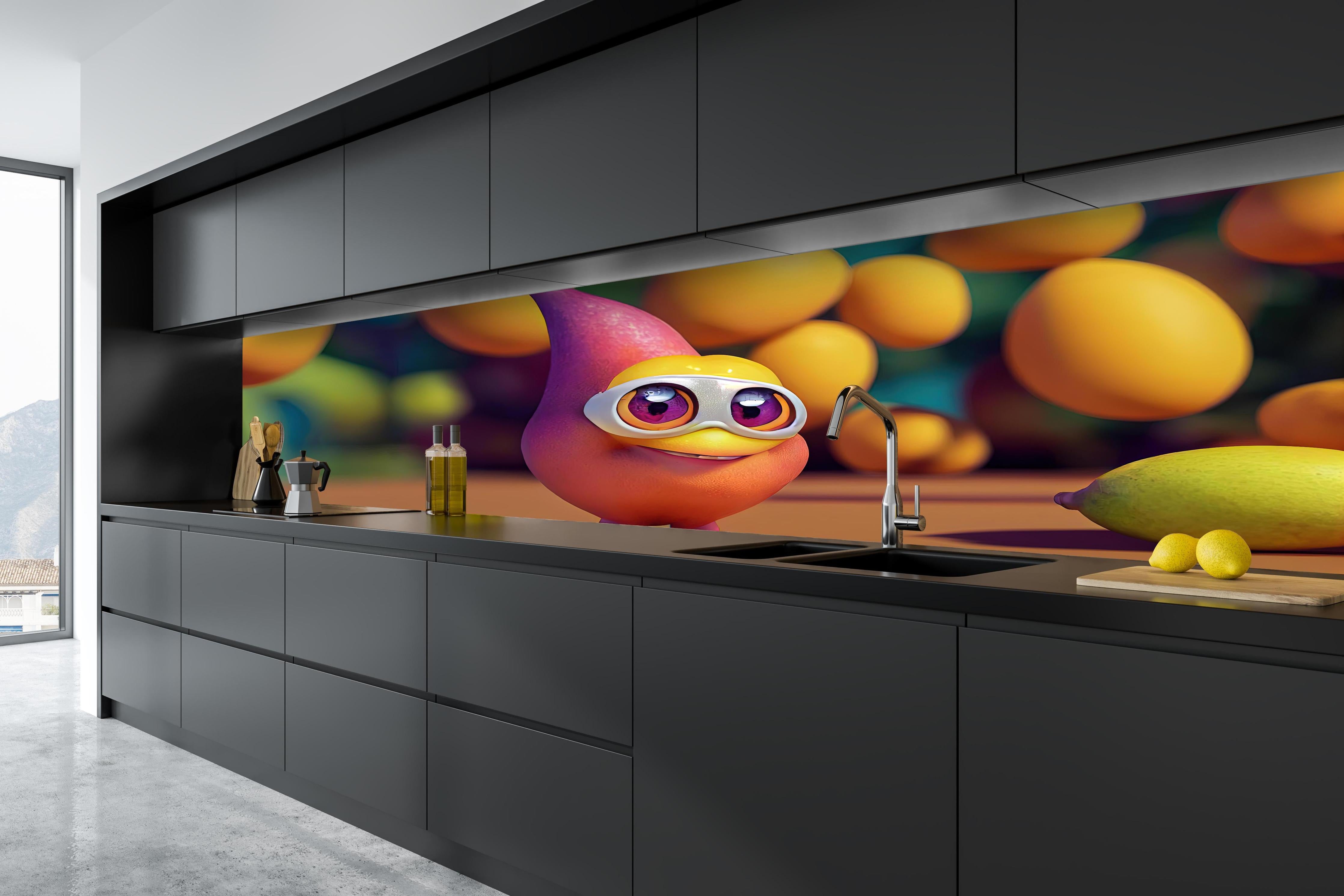 Küche - Cartoon Mangos hinter weißen Hochglanz-Küchenregalen und schwarzem Wasserhahn