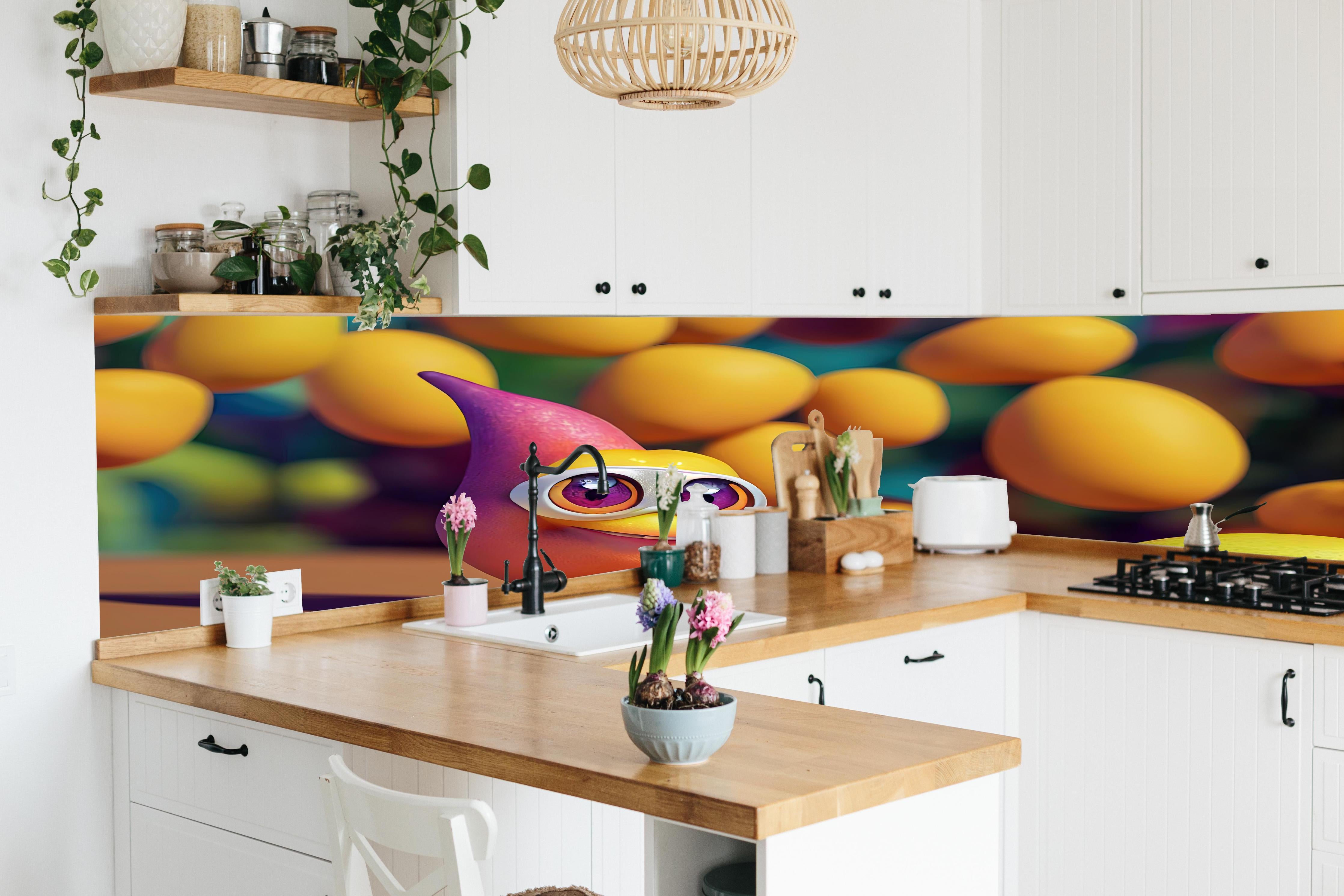 Küche - Cartoon Mangos hinter weißen Hochglanz-Küchenregalen und schwarzem Wasserhahn