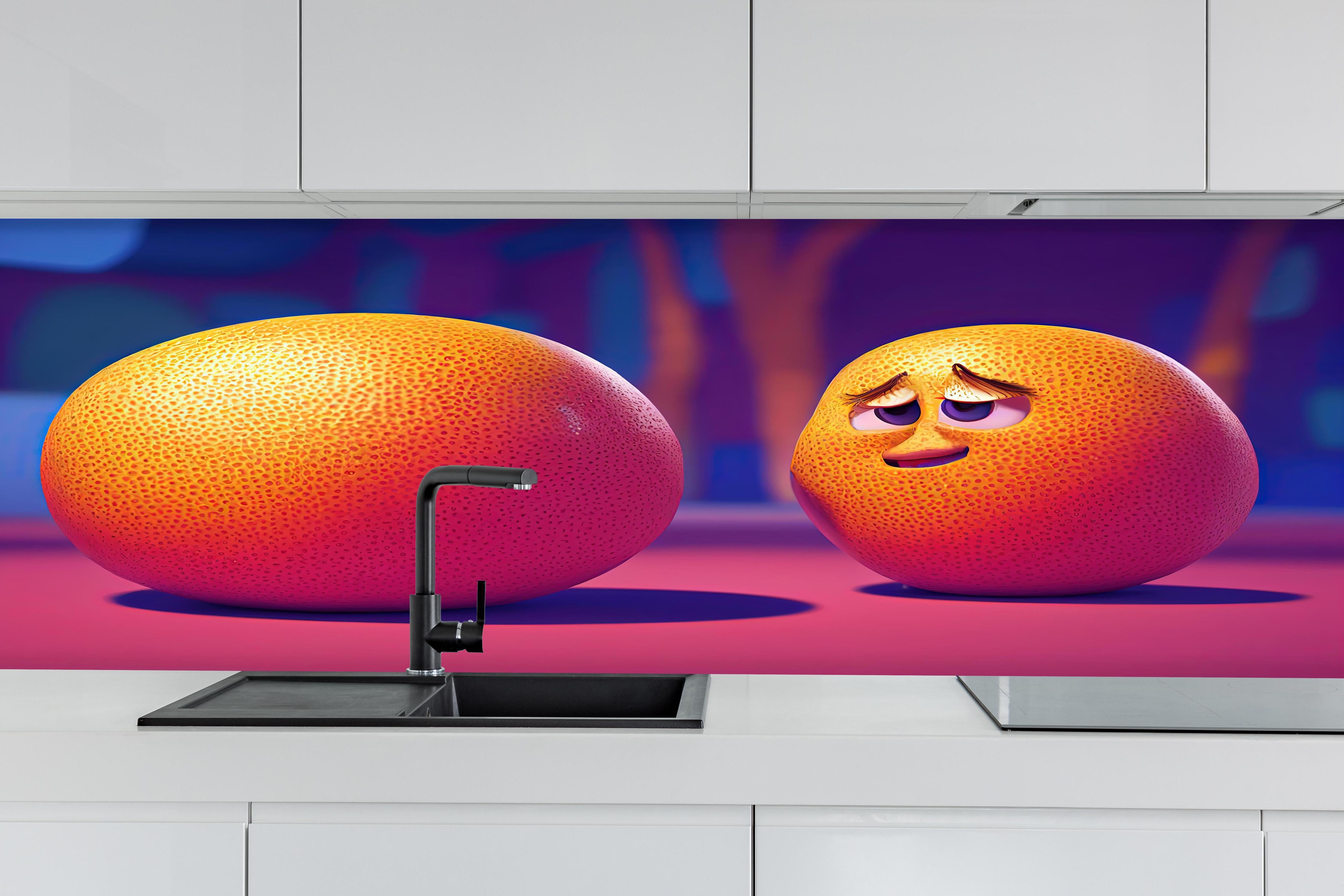 Küche - Cartoon Orangen hinter weißen Hochglanz-Küchenregalen und schwarzem Wasserhahn