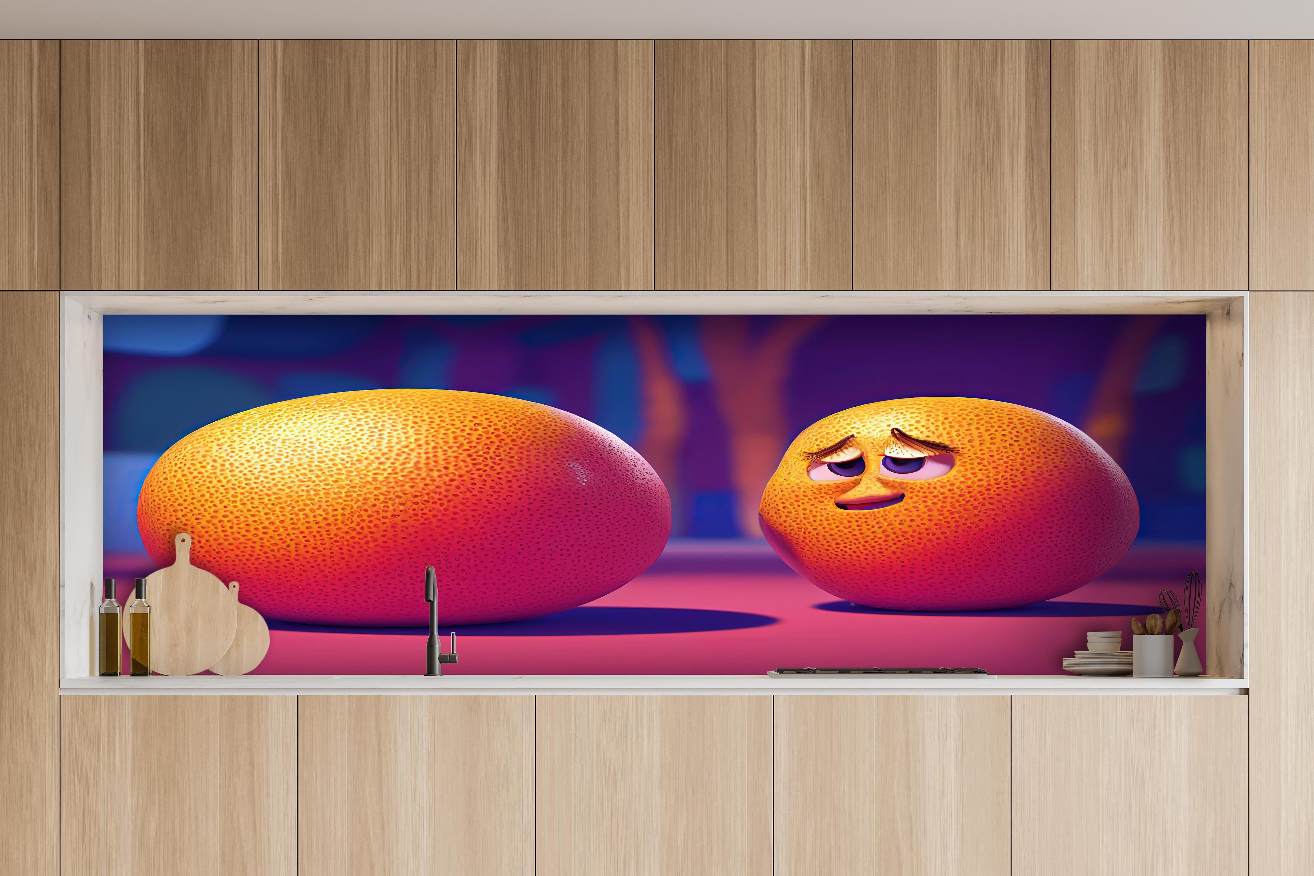 Küche - Cartoon Orangen hinter weißen Hochglanz-Küchenregalen und schwarzem Wasserhahn