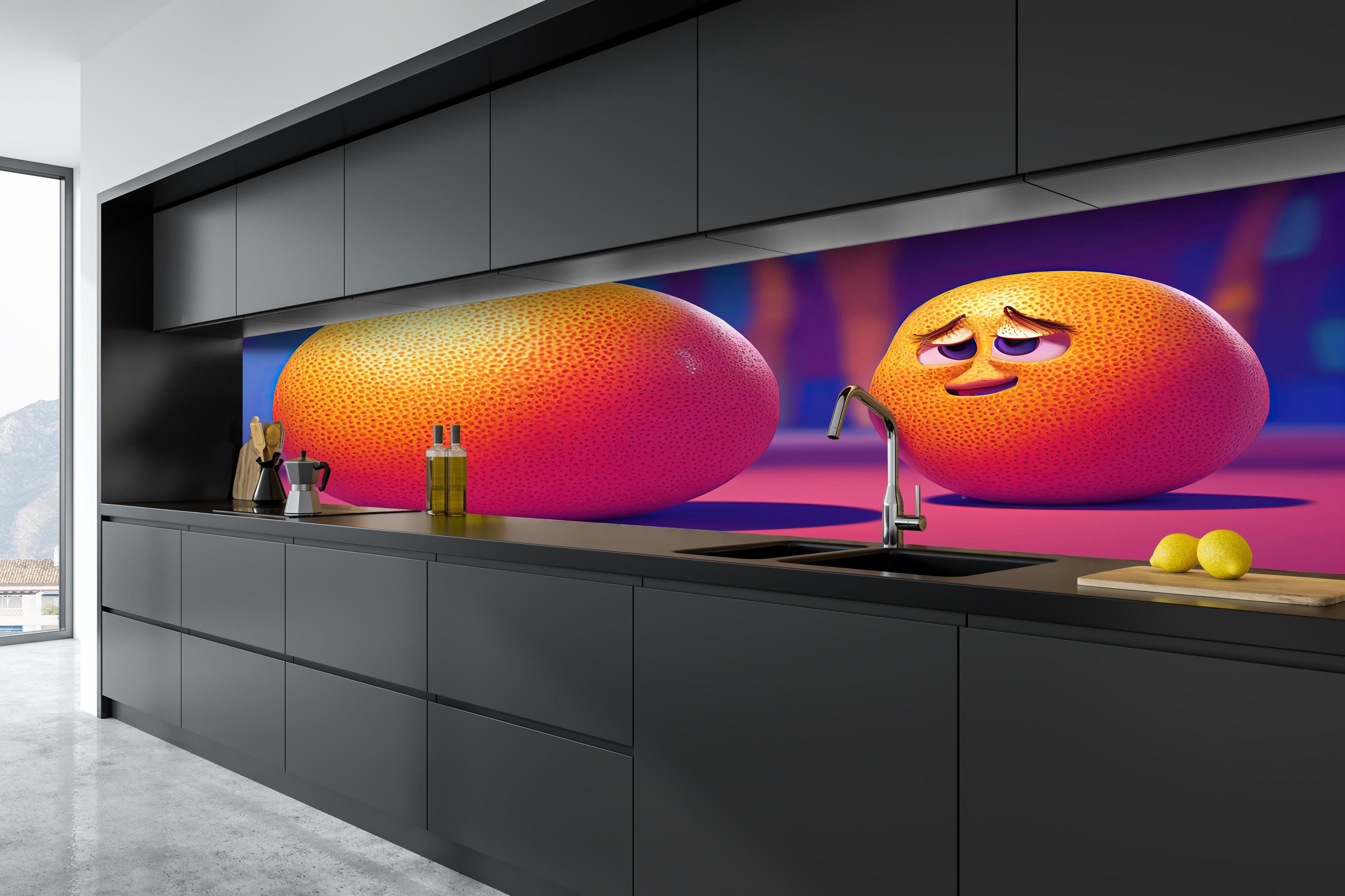 Küche - Cartoon Orangen hinter weißen Hochglanz-Küchenregalen und schwarzem Wasserhahn