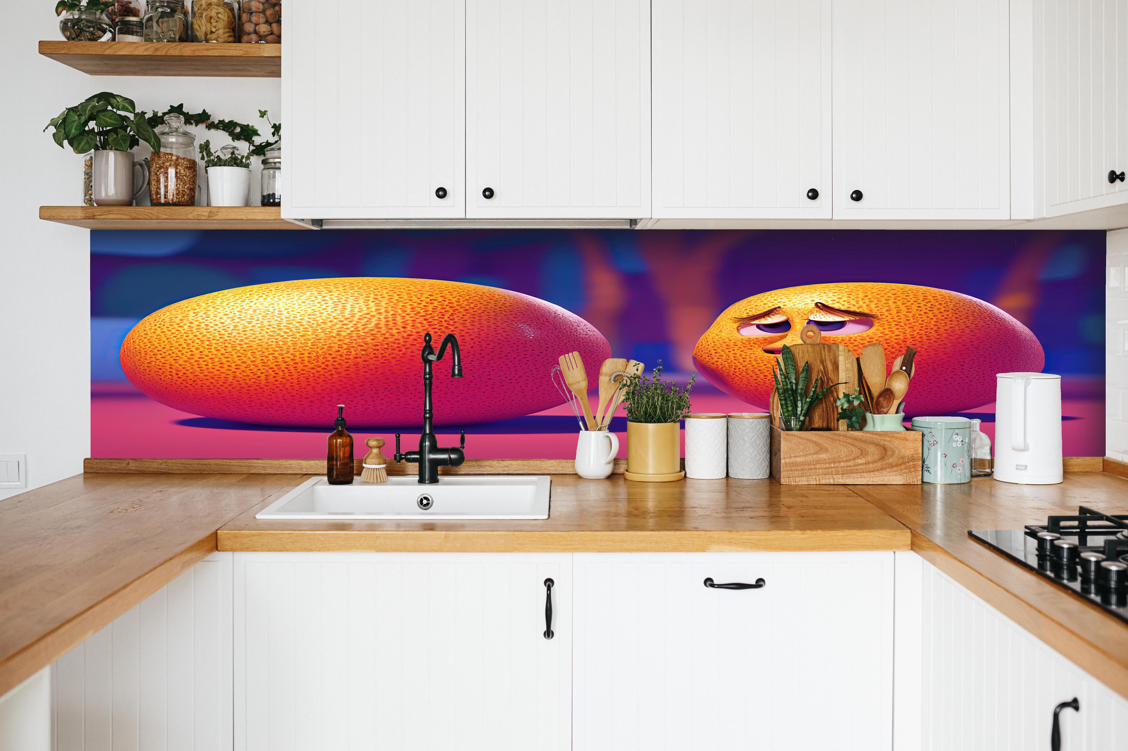 Küche - Cartoon Orangen hinter weißen Hochglanz-Küchenregalen und schwarzem Wasserhahn