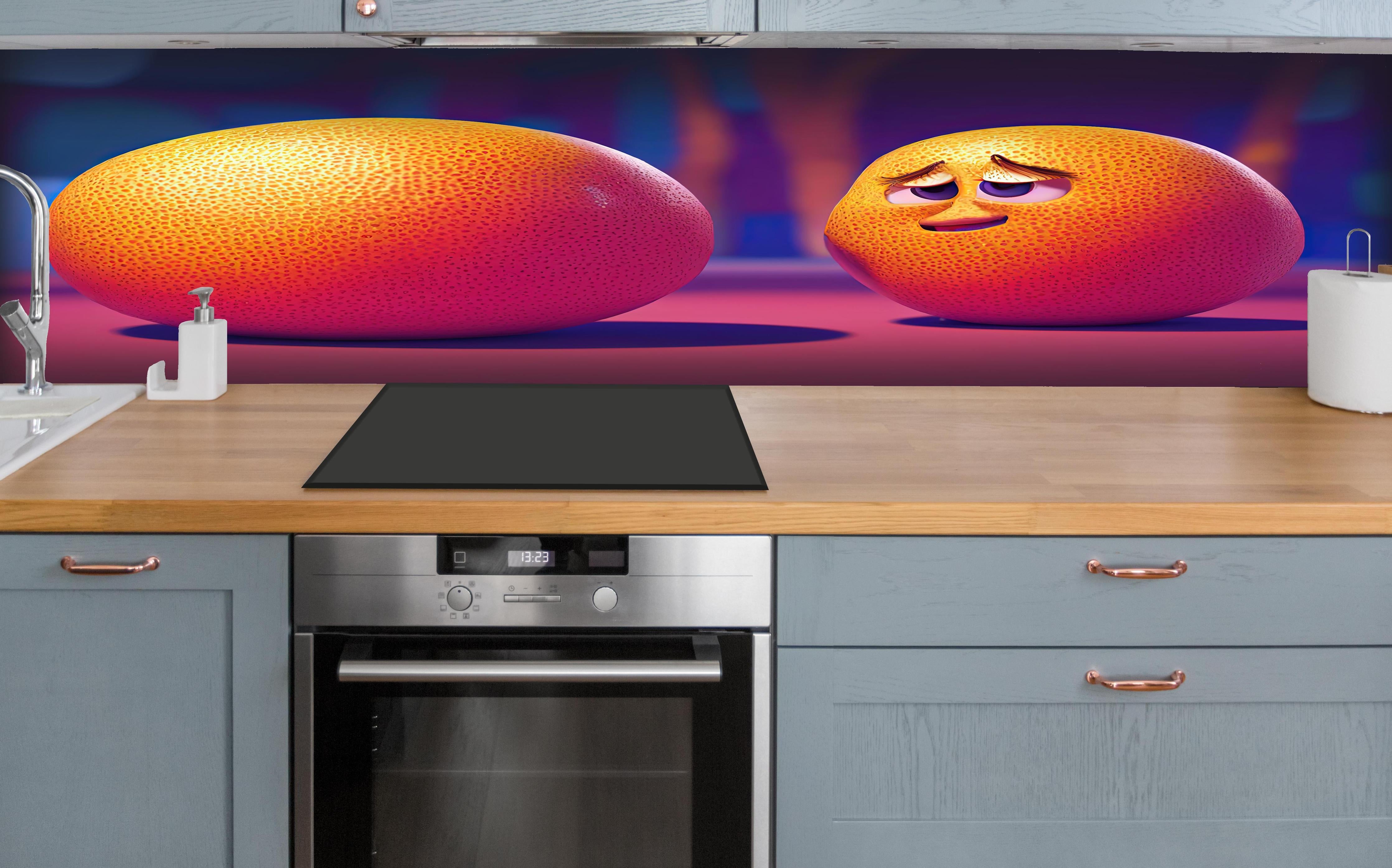 Küche - Cartoon Orangen hinter weißen Hochglanz-Küchenregalen und schwarzem Wasserhahn