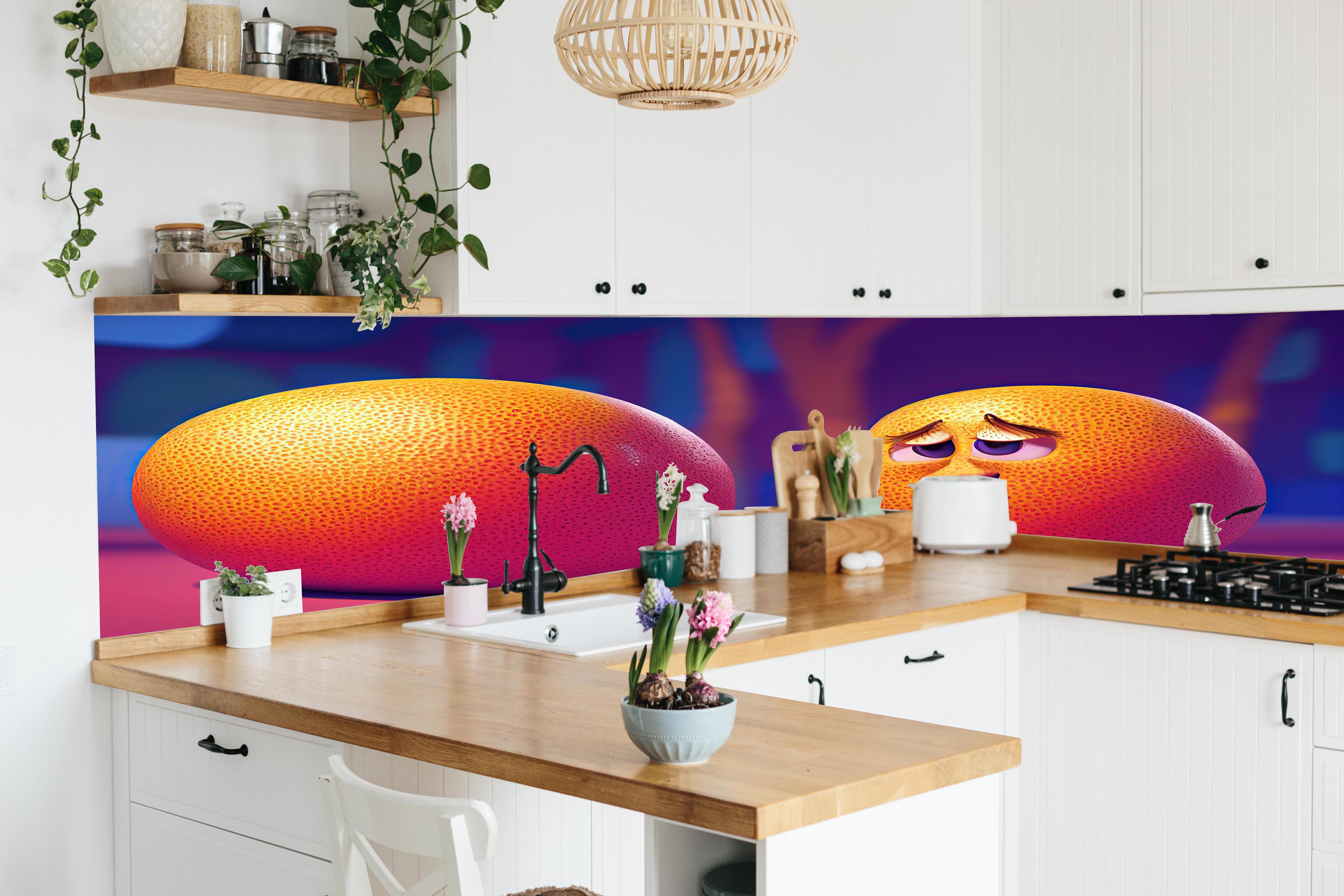 Küche - Cartoon Orangen hinter weißen Hochglanz-Küchenregalen und schwarzem Wasserhahn