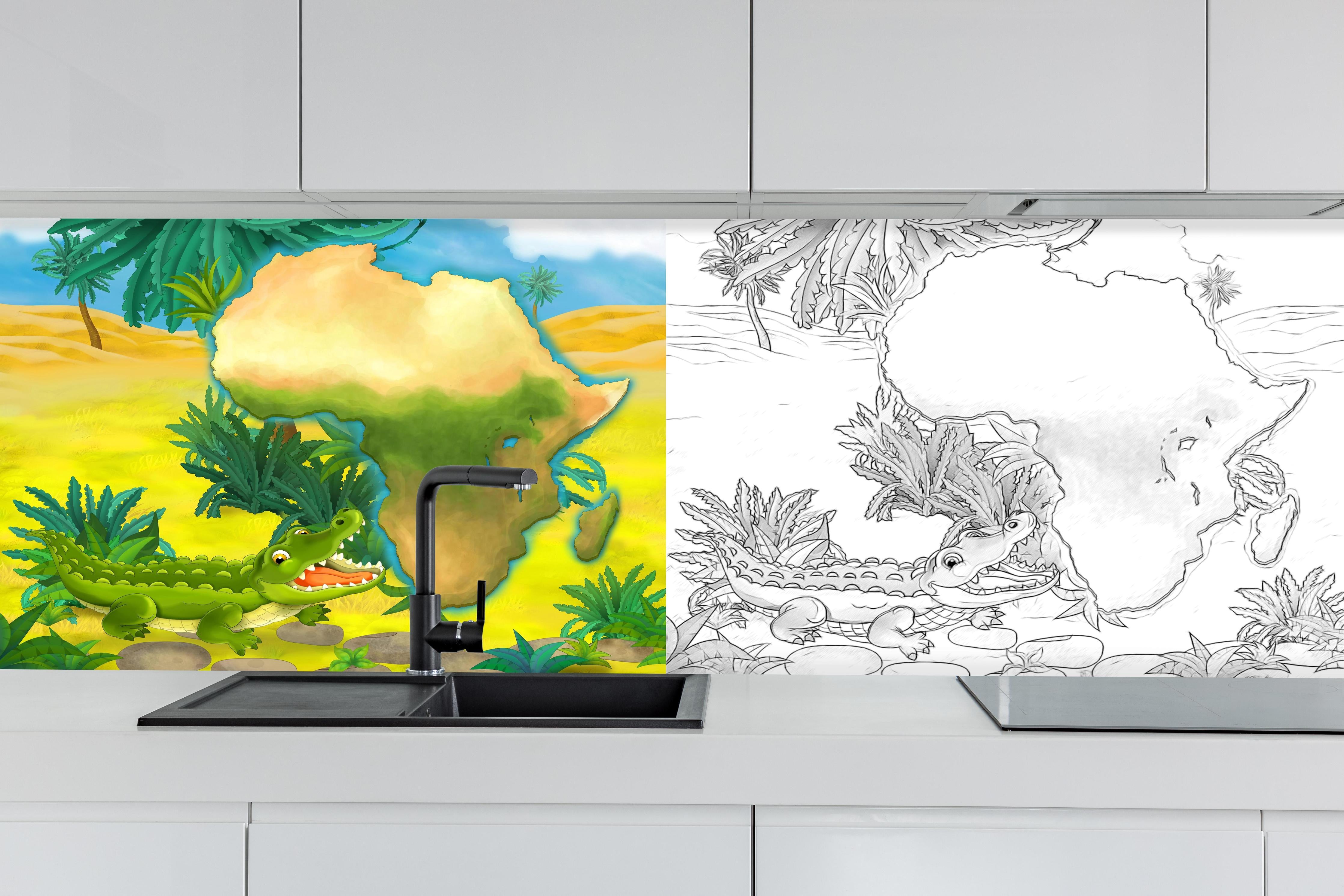 Küche - Cartoon Skizze eines Krokodils hinter weißen Hochglanz-Küchenregalen und schwarzem Wasserhahn