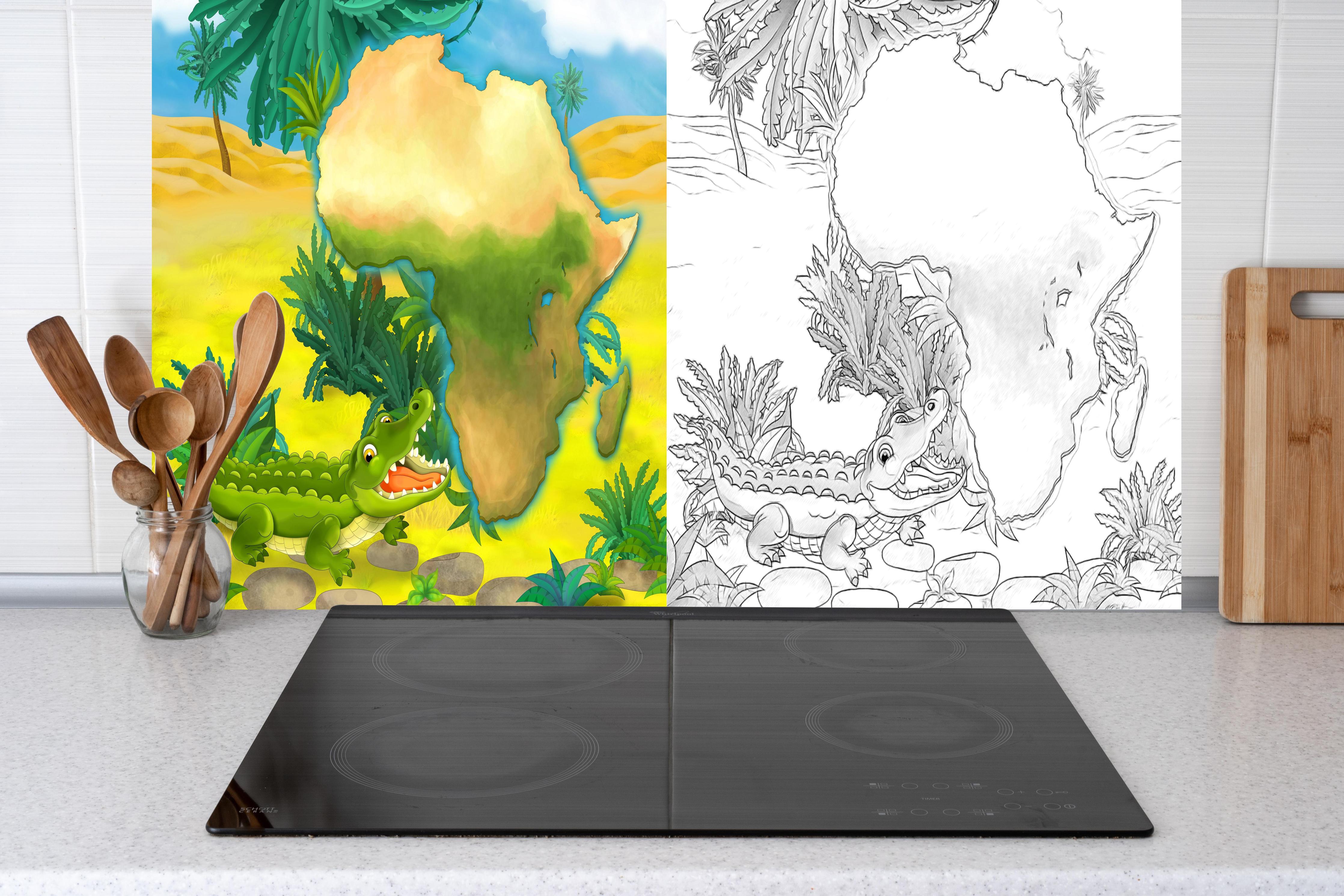 Küche - Cartoon Skizze eines Krokodils hinter weißen Hochglanz-Küchenregalen und schwarzem Wasserhahn