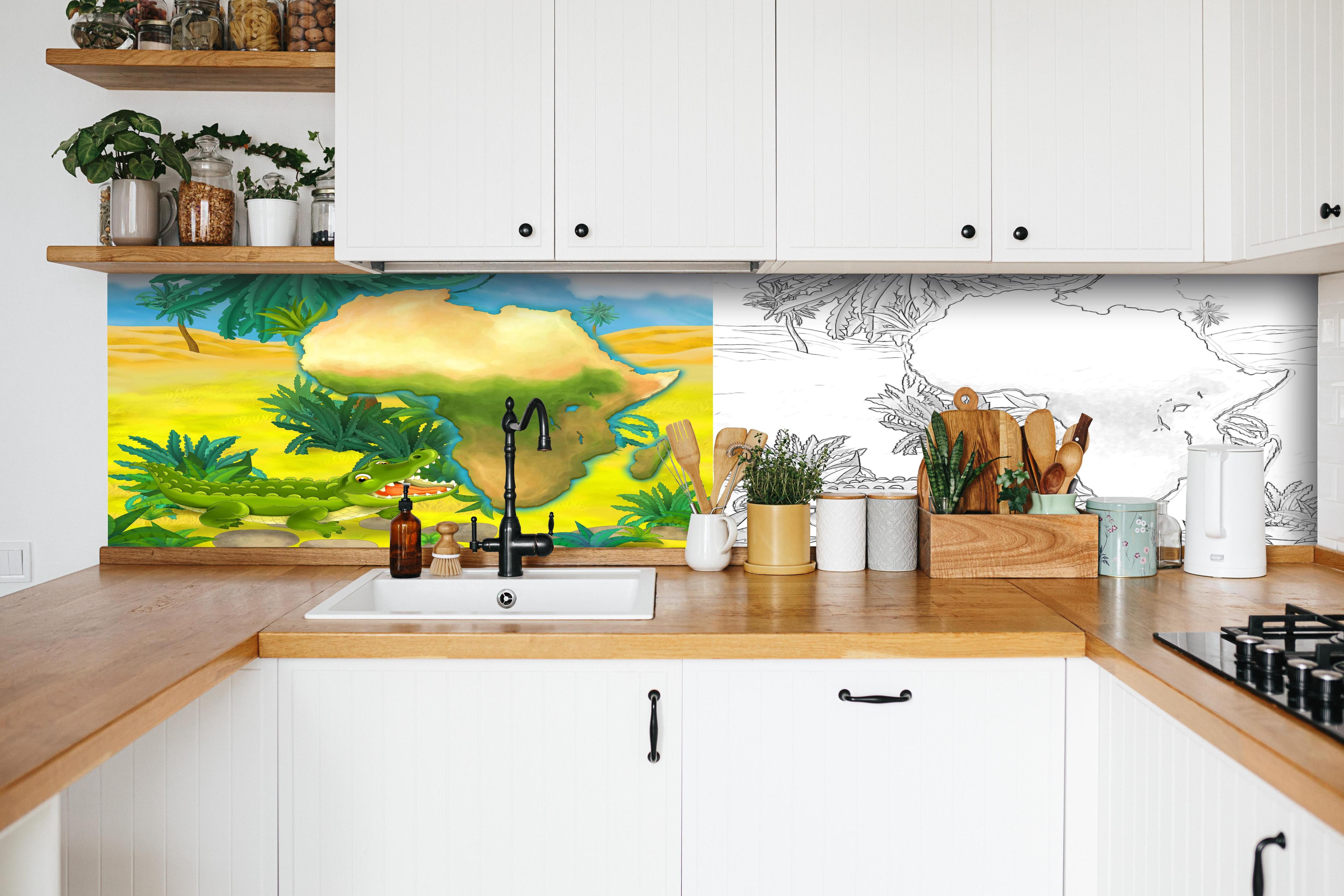 Küche - Cartoon Skizze eines Krokodils hinter weißen Hochglanz-Küchenregalen und schwarzem Wasserhahn