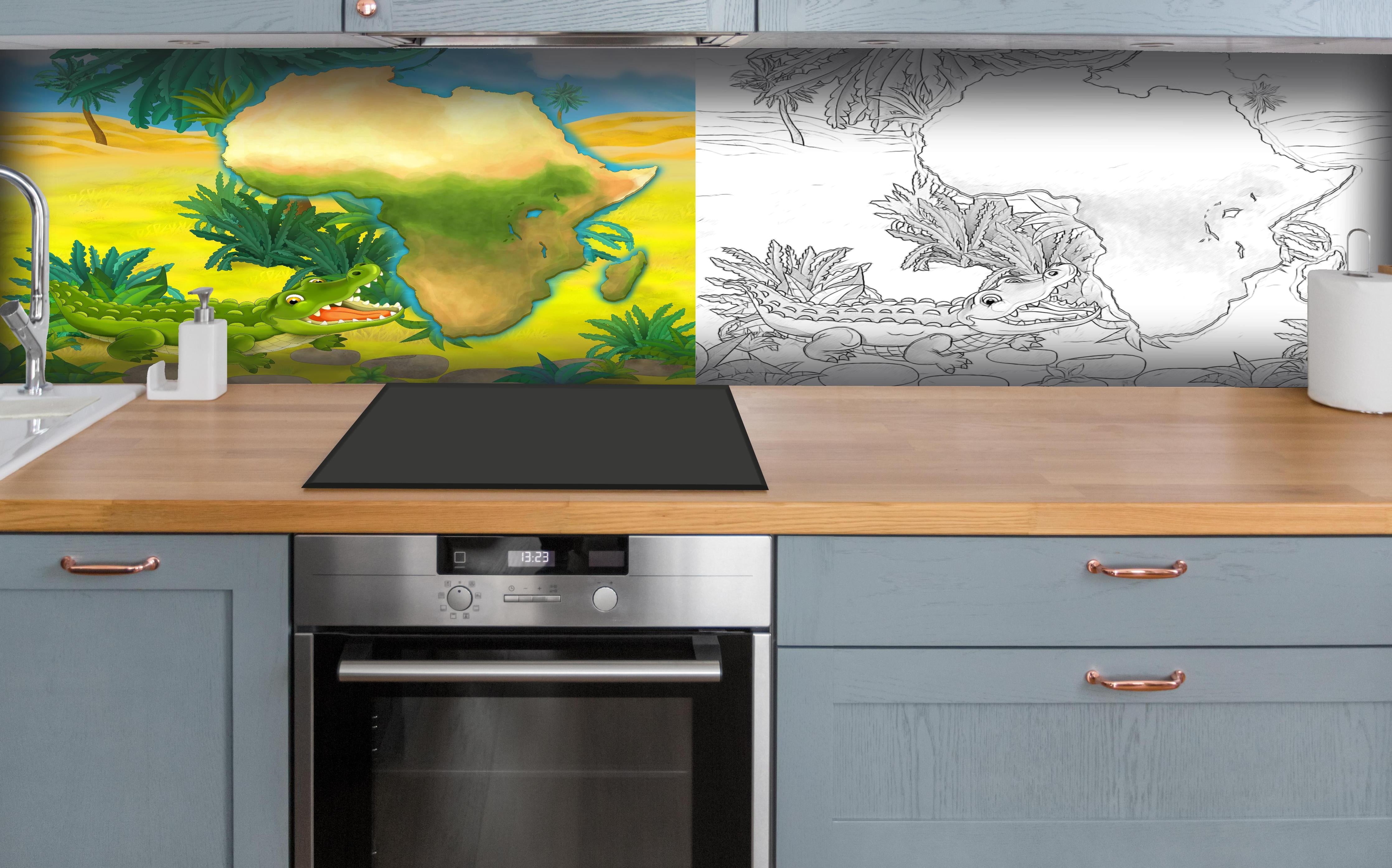 Küche - Cartoon Skizze eines Krokodils hinter weißen Hochglanz-Küchenregalen und schwarzem Wasserhahn