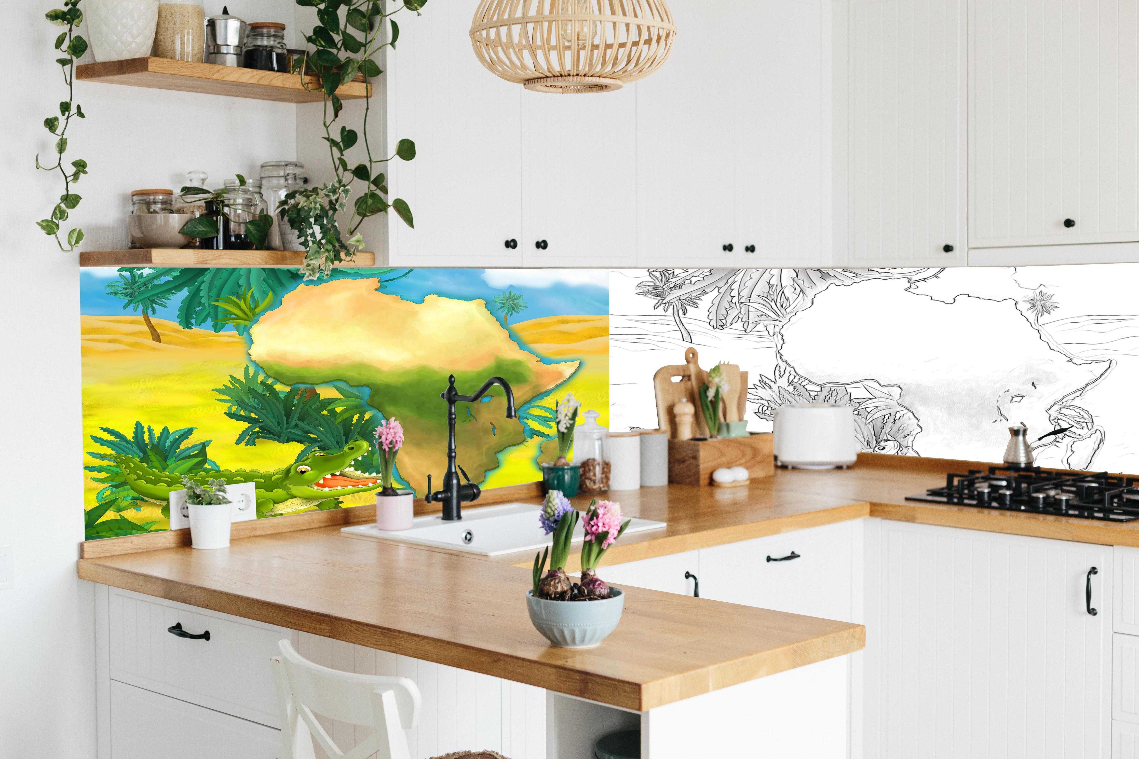 Küche - Cartoon Skizze eines Krokodils hinter weißen Hochglanz-Küchenregalen und schwarzem Wasserhahn