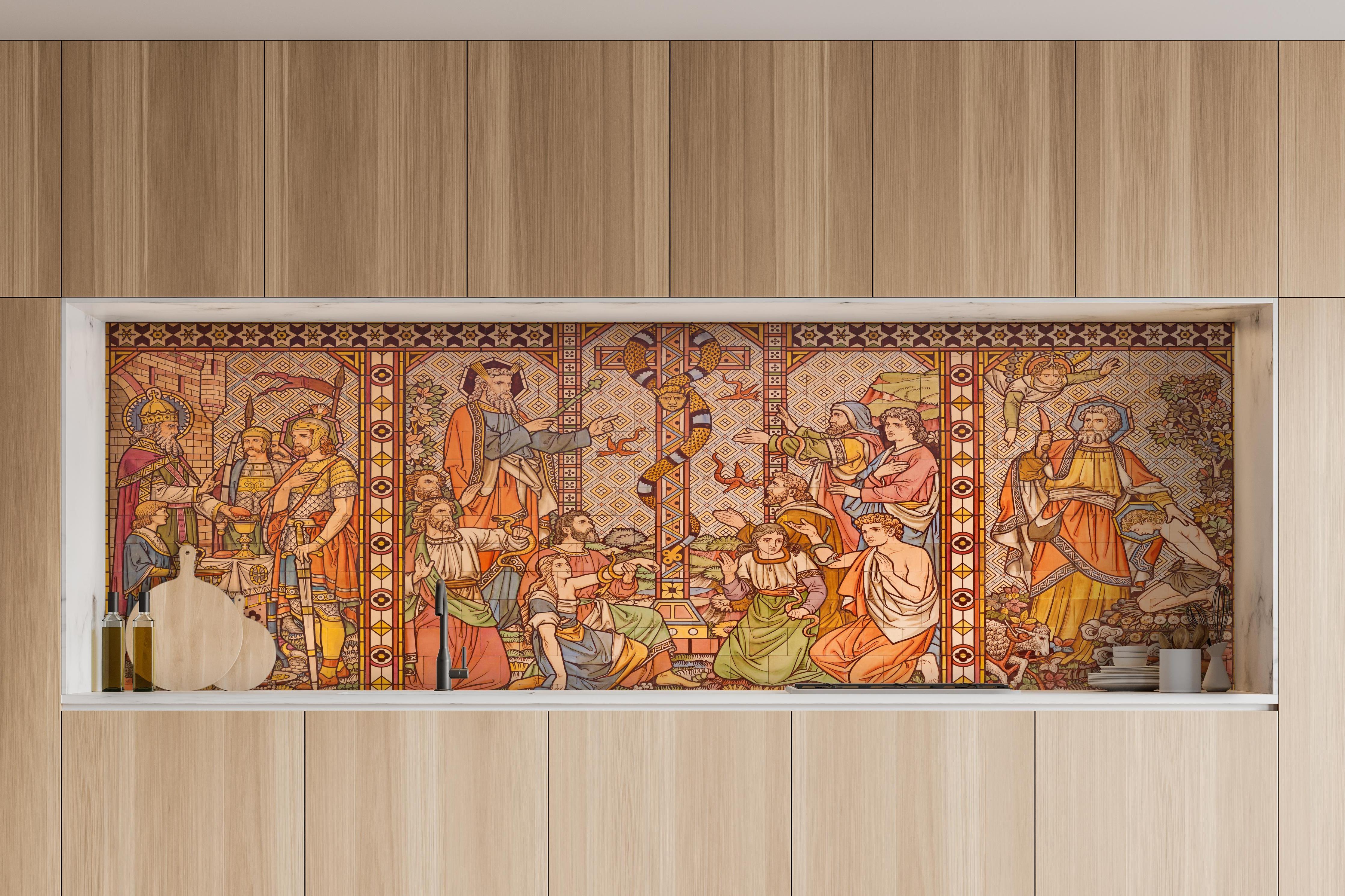 Küche - Christliches Kachelmosaik - Altes Testament hinter weißen Hochglanz-Küchenregalen und schwarzem Wasserhahn