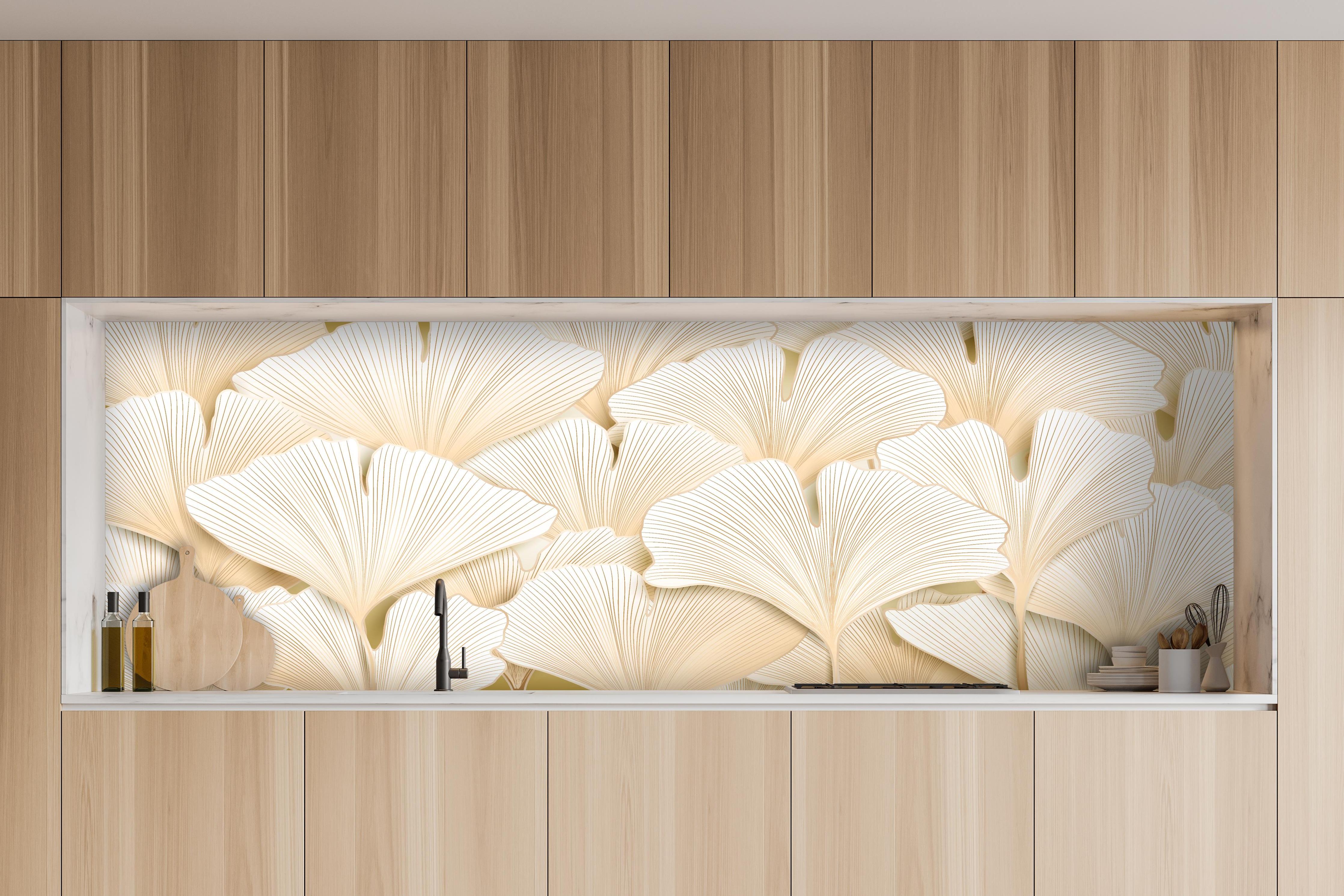 Küche - Dekoratives Weiß-Ginkgo-Struktur Wandbild hinter weißen Hochglanz-Küchenregalen und schwarzem Wasserhahn