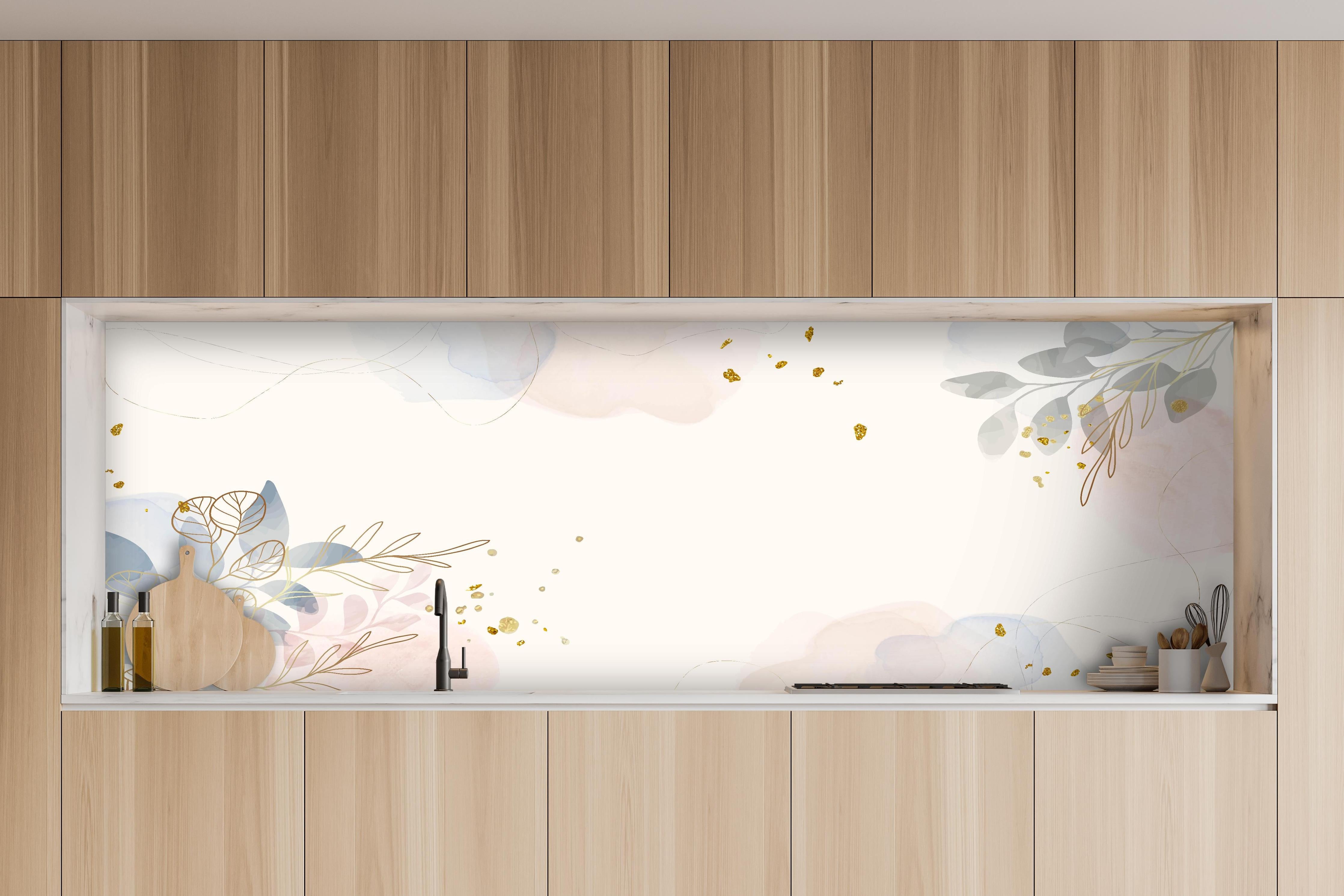 Küche - Design mit Blüten und Blättern in Pastell hinter weißen Hochglanz-Küchenregalen und schwarzem Wasserhahn