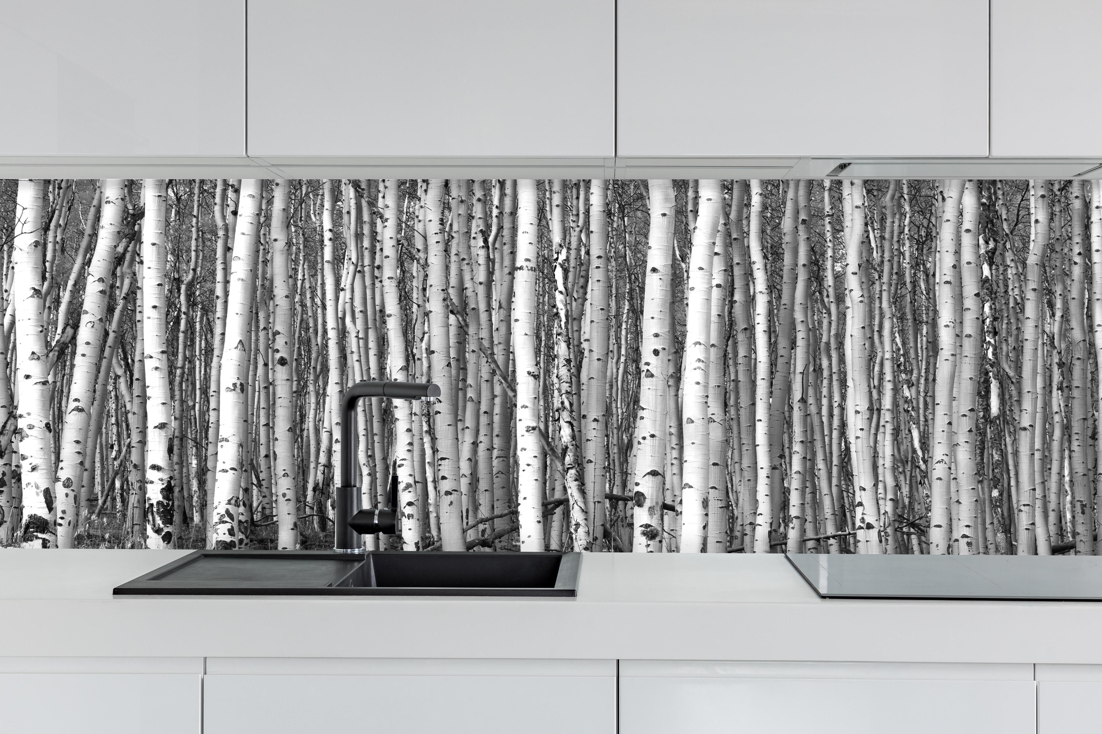 Küche - Detaillierte Schwarz-Weiß Baumsilhouetten hinter weißen Hochglanz-Küchenregalen und schwarzem Wasserhahn