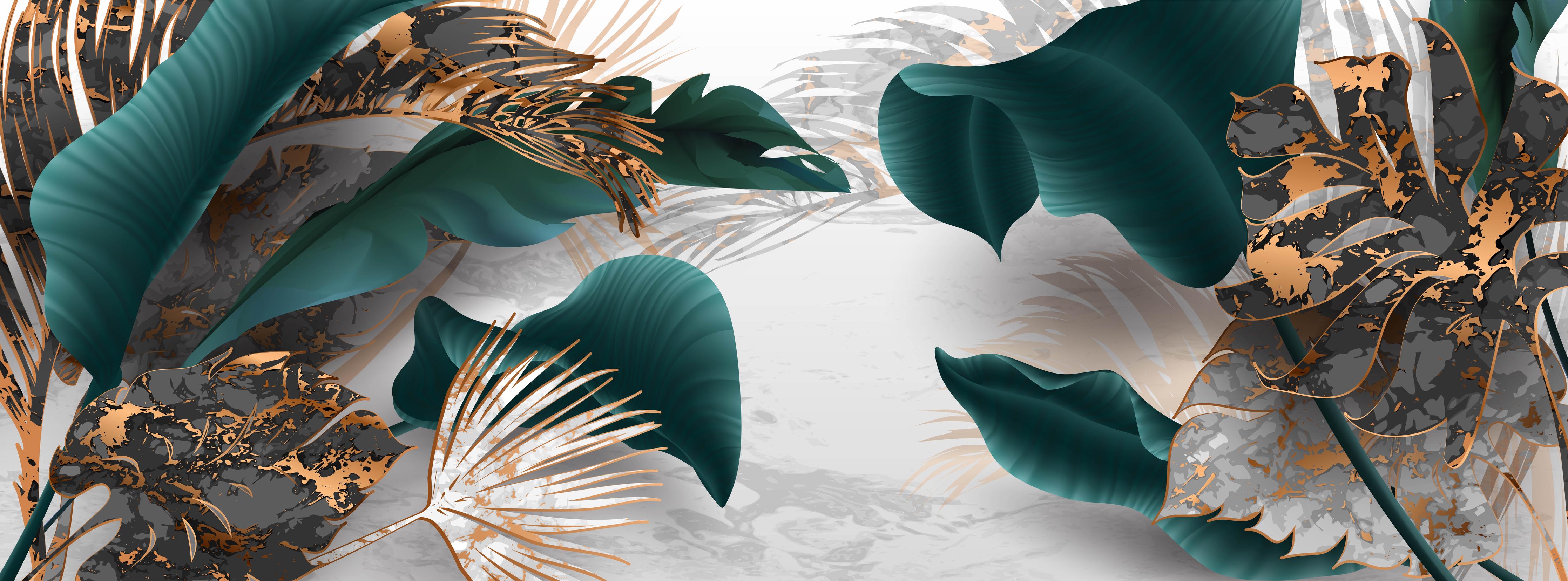 Küchenrückwand-Edles Blattwerk in Grün mit Goldakzenten