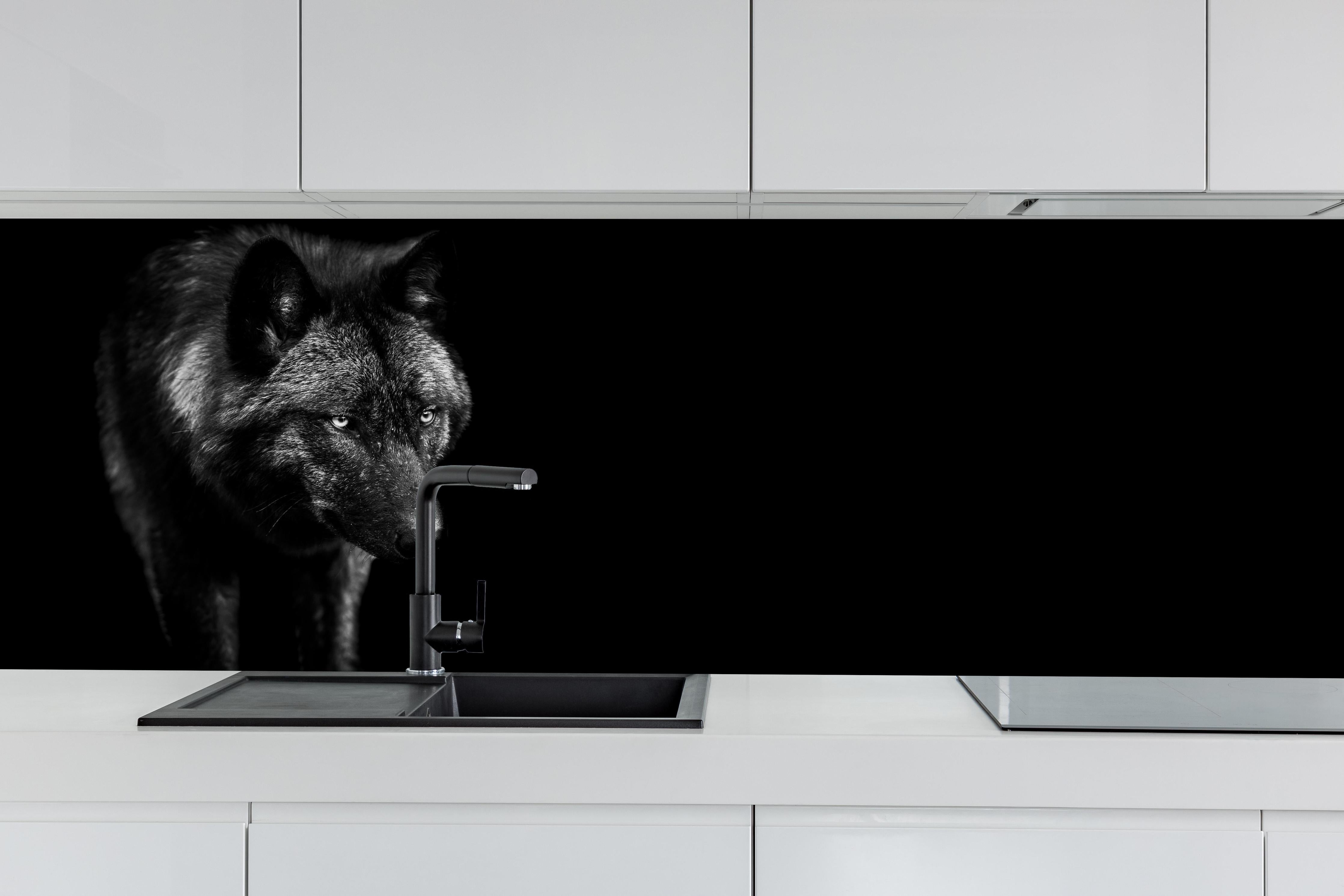 Küche - Eindrucksvolles Schwarz-Weiß Wolf-Profil hinter weißen Hochglanz-Küchenregalen und schwarzem Wasserhahn