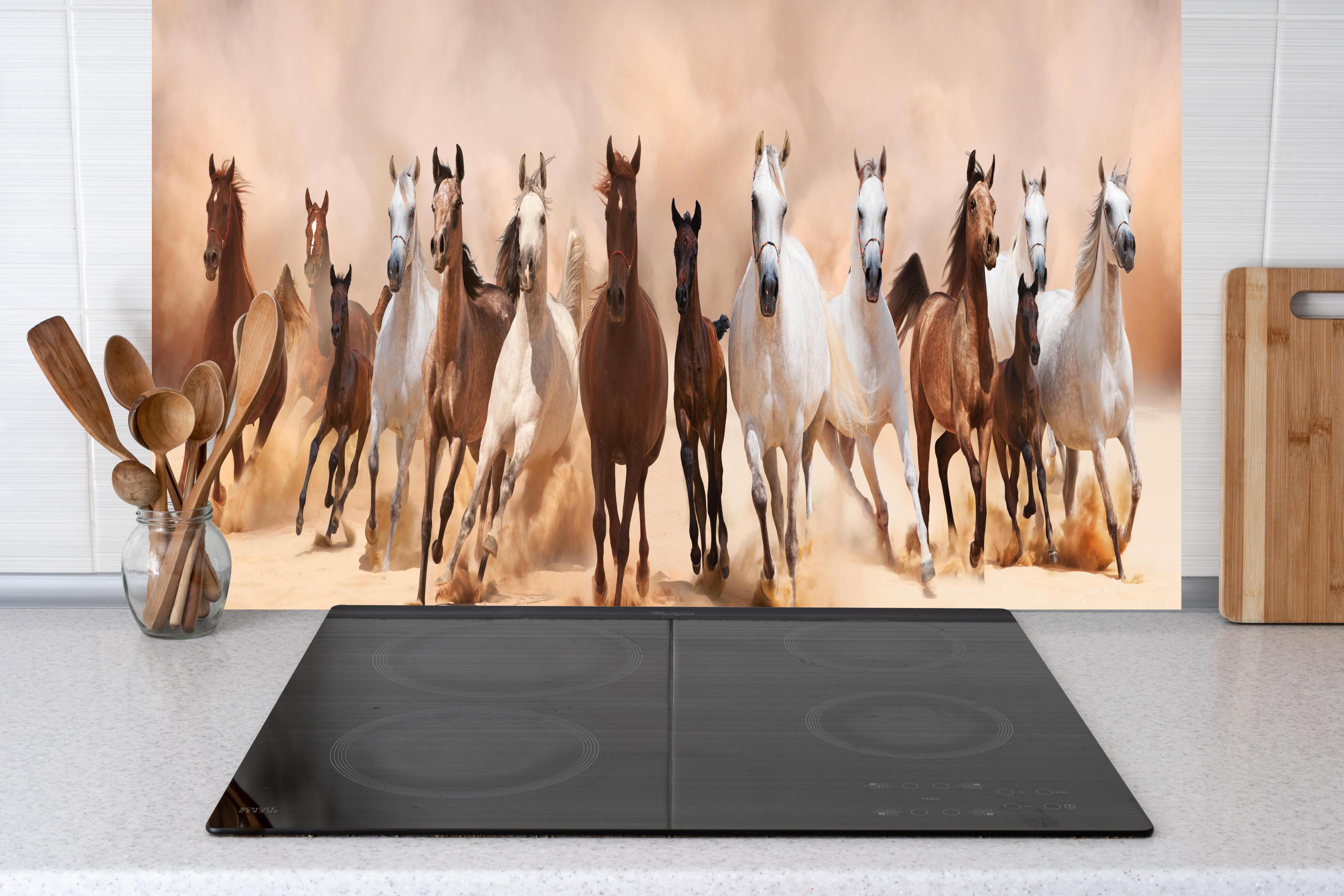 Küche - Eine Herde von Pferden hinter weißen Hochglanz-Küchenregalen und schwarzem Wasserhahn