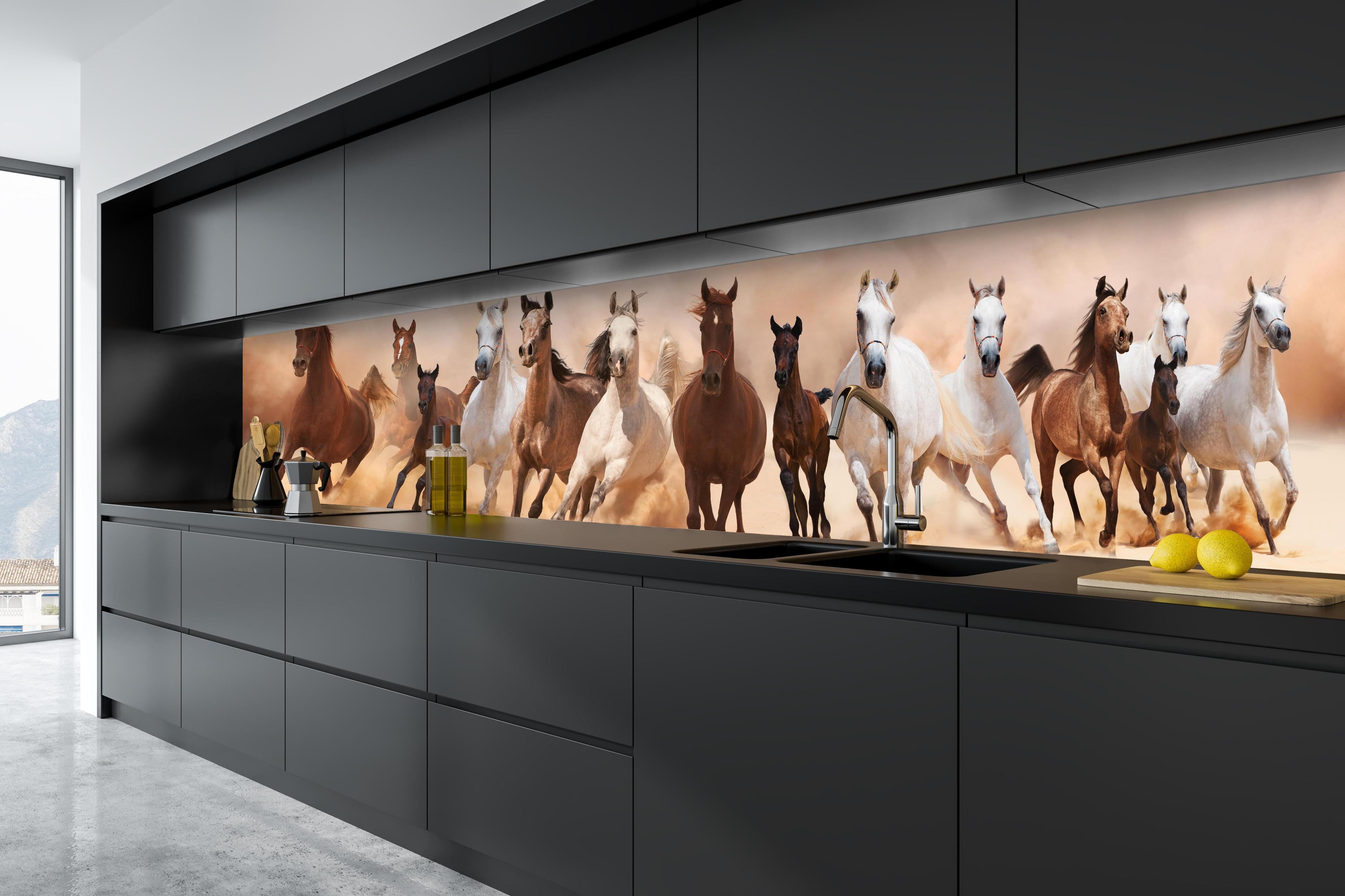 Küche - Eine Herde von Pferden hinter weißen Hochglanz-Küchenregalen und schwarzem Wasserhahn