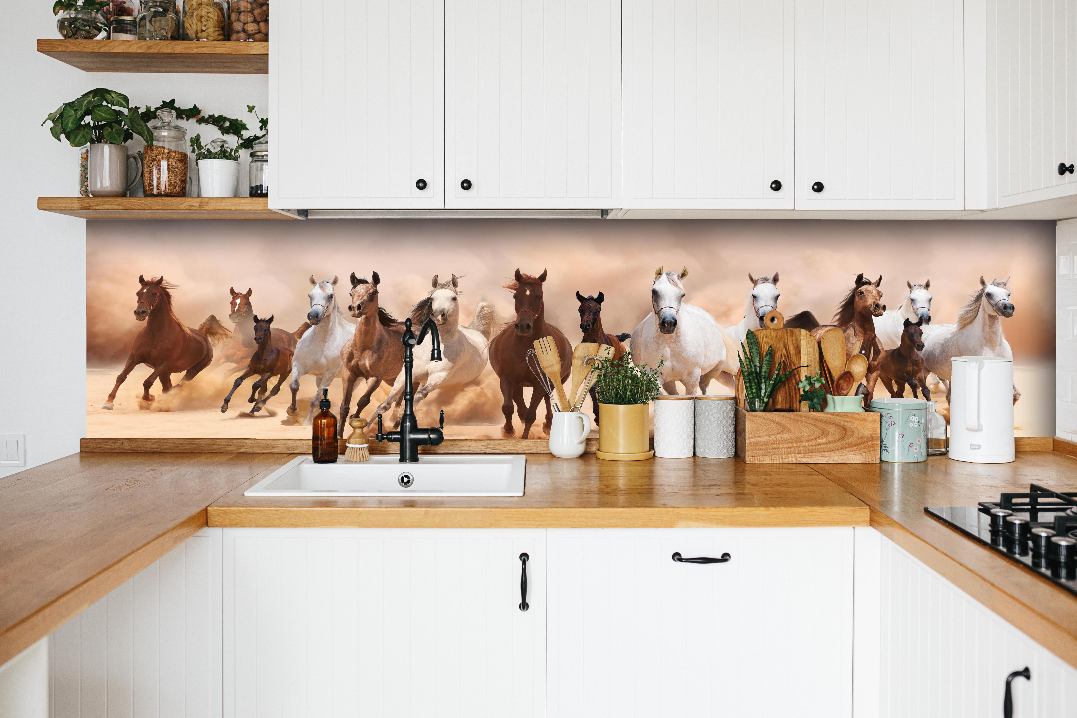 Küche - Eine Herde von Pferden hinter weißen Hochglanz-Küchenregalen und schwarzem Wasserhahn