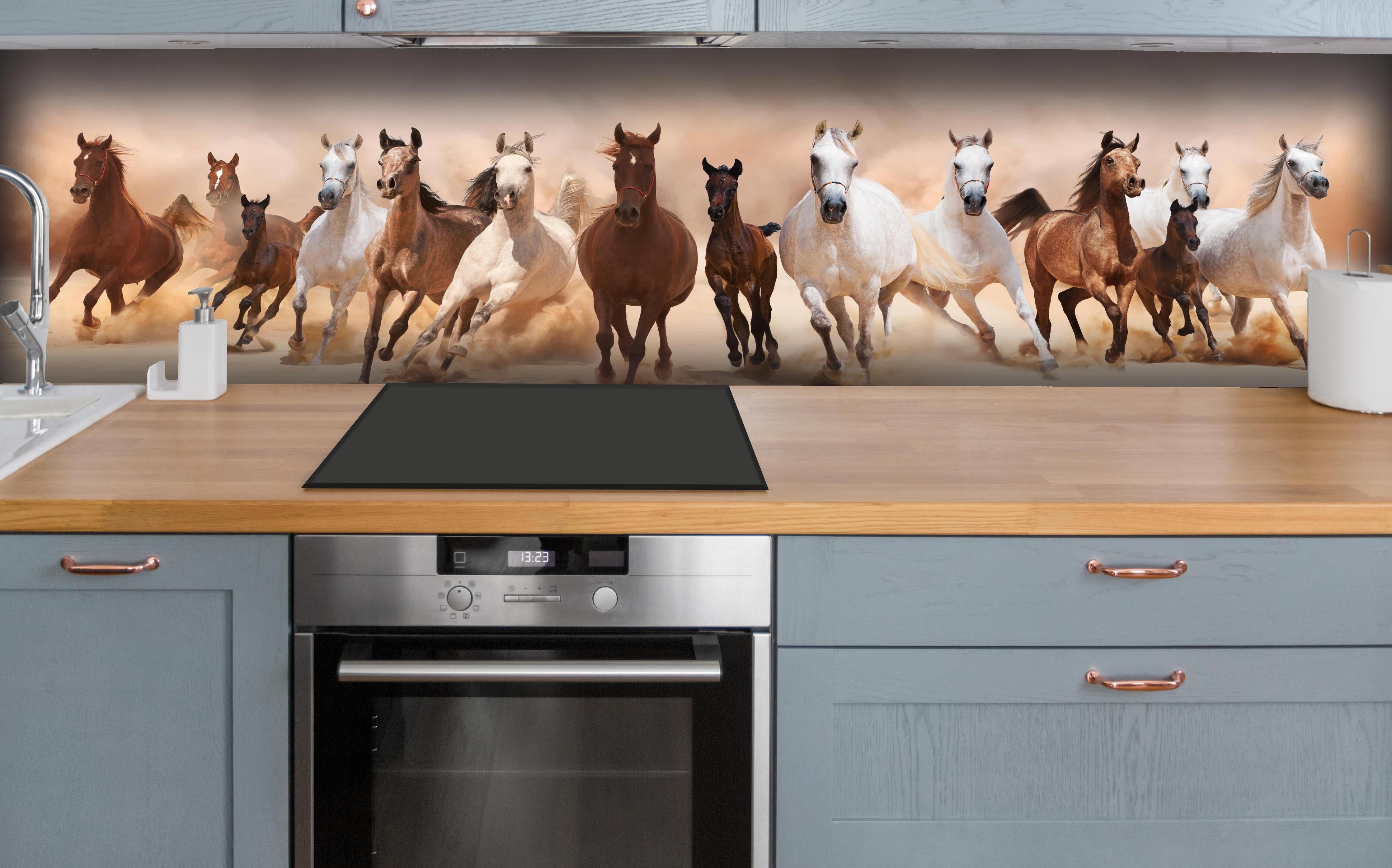 Küche - Eine Herde von Pferden hinter weißen Hochglanz-Küchenregalen und schwarzem Wasserhahn