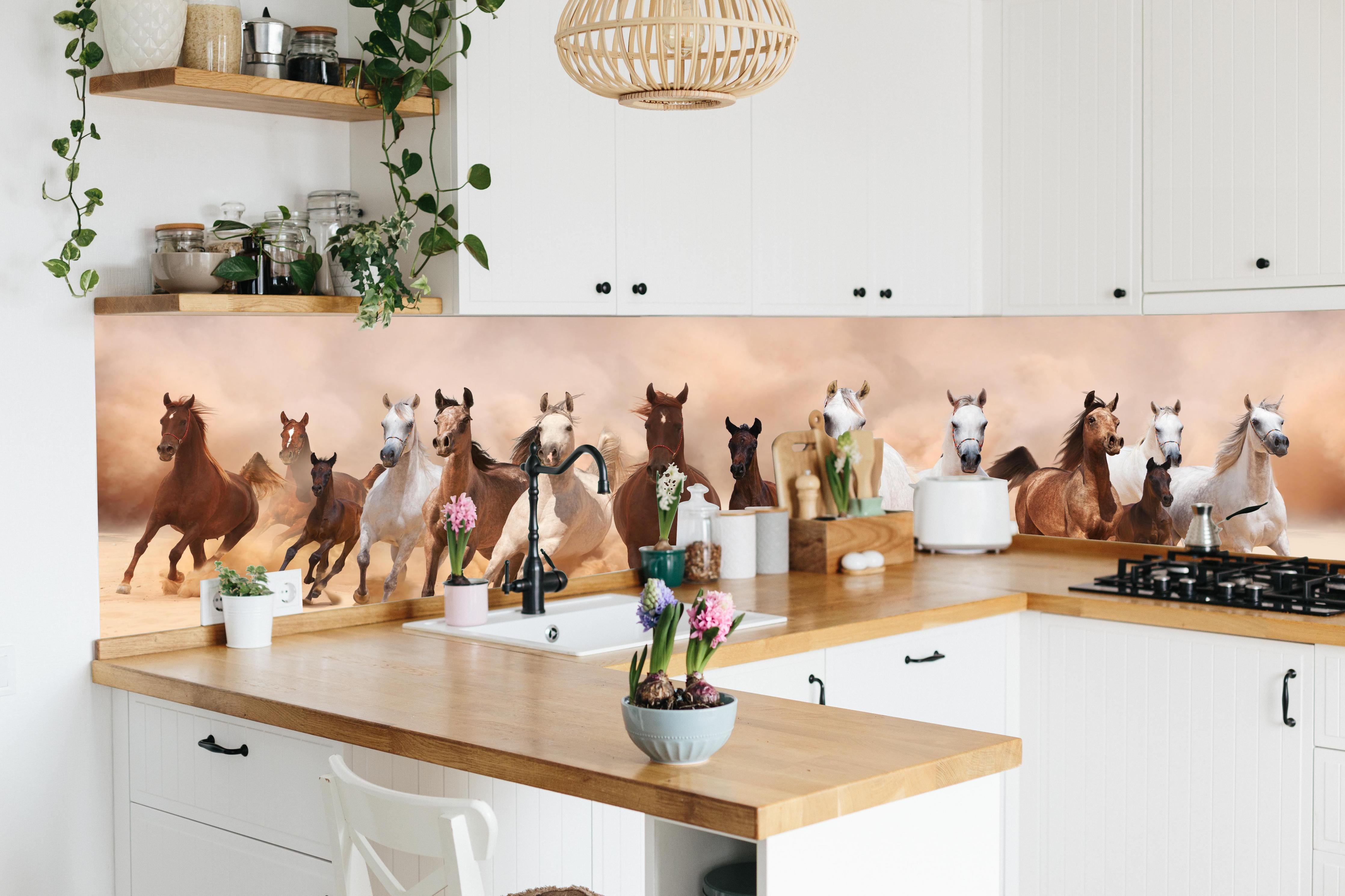 Küche - Eine Herde von Pferden hinter weißen Hochglanz-Küchenregalen und schwarzem Wasserhahn