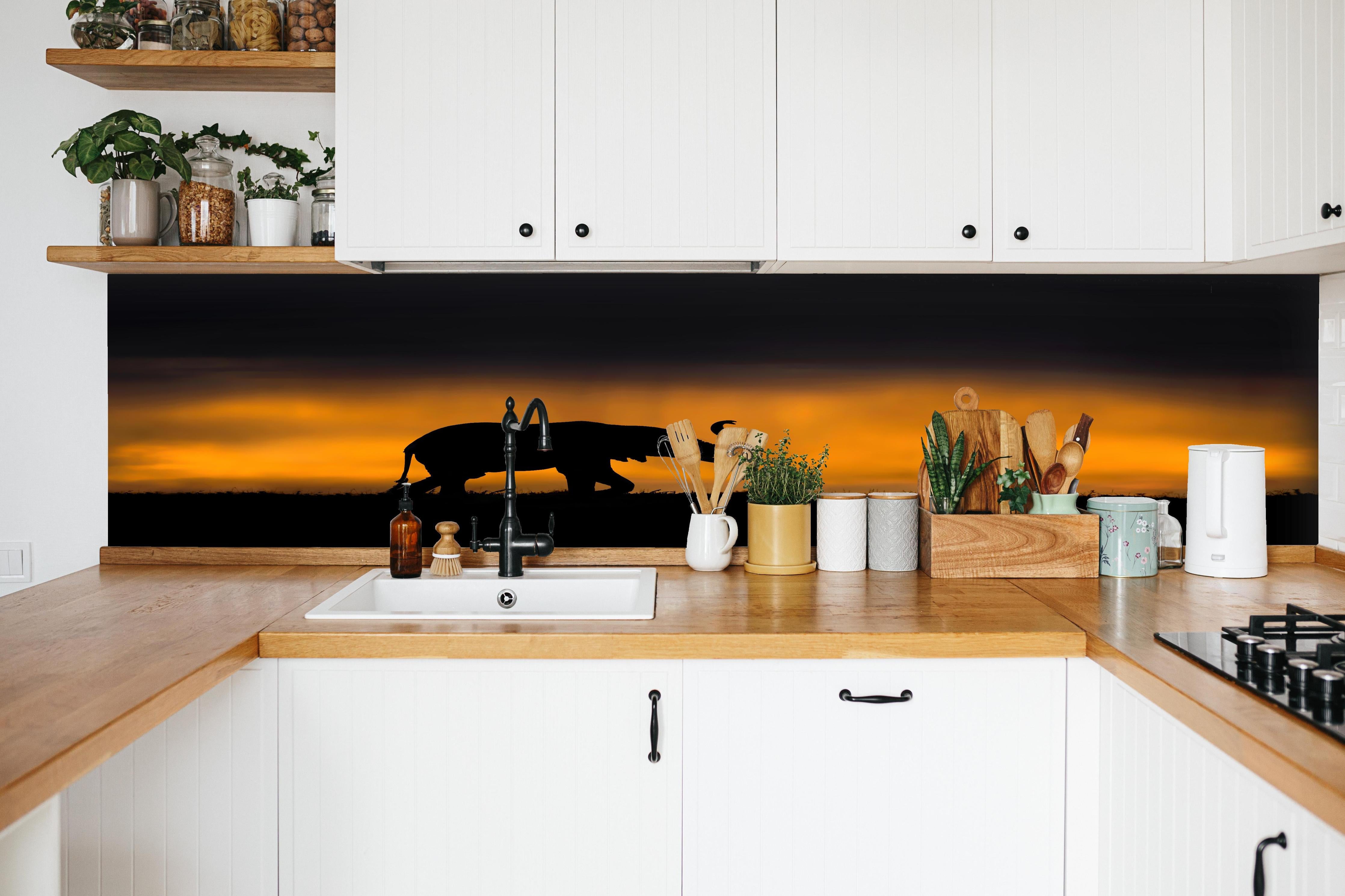 Küche - Elefant im Sturm hinter weißen Hochglanz-Küchenregalen und schwarzem Wasserhahn