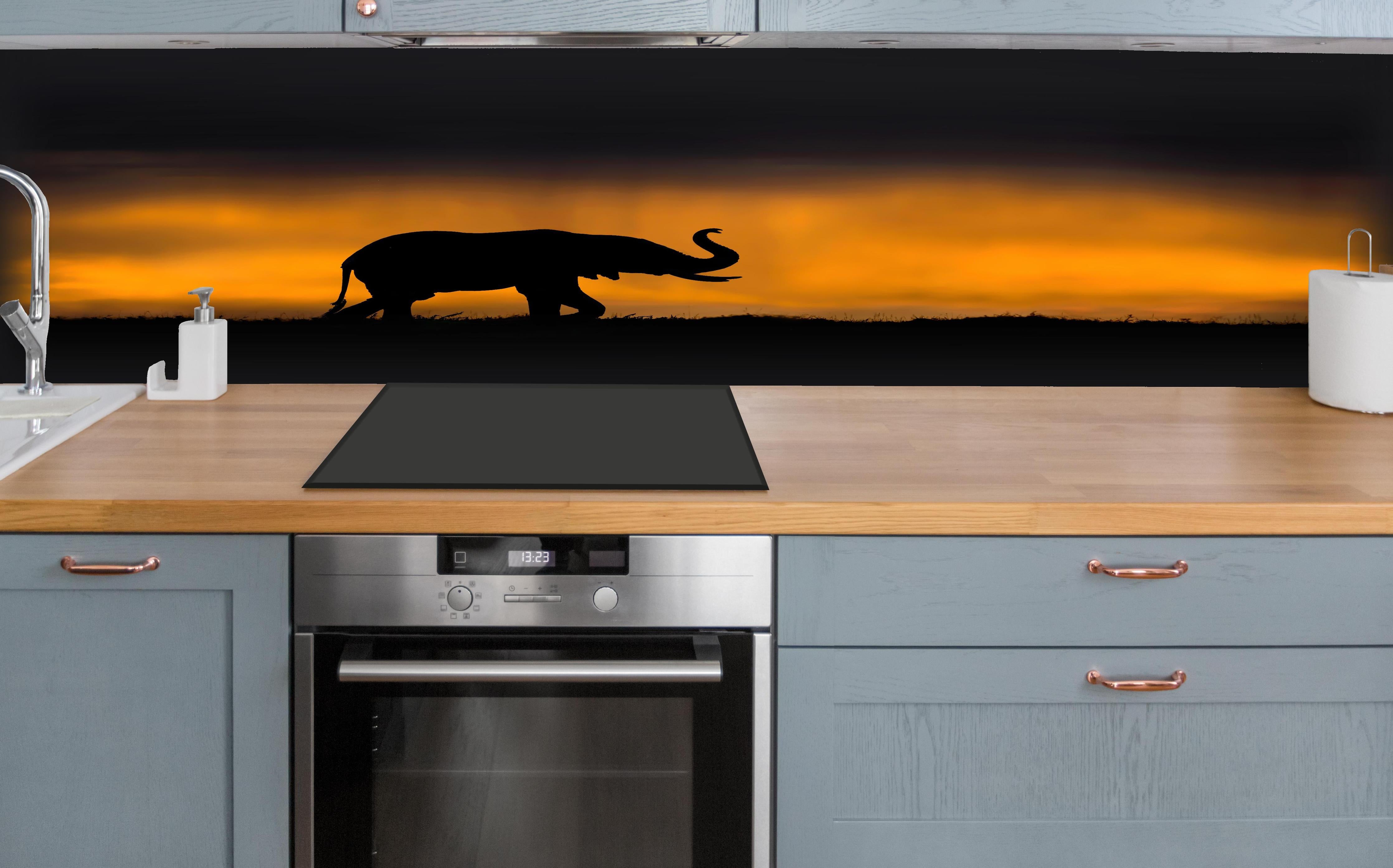 Küche - Elefant im Sturm hinter weißen Hochglanz-Küchenregalen und schwarzem Wasserhahn