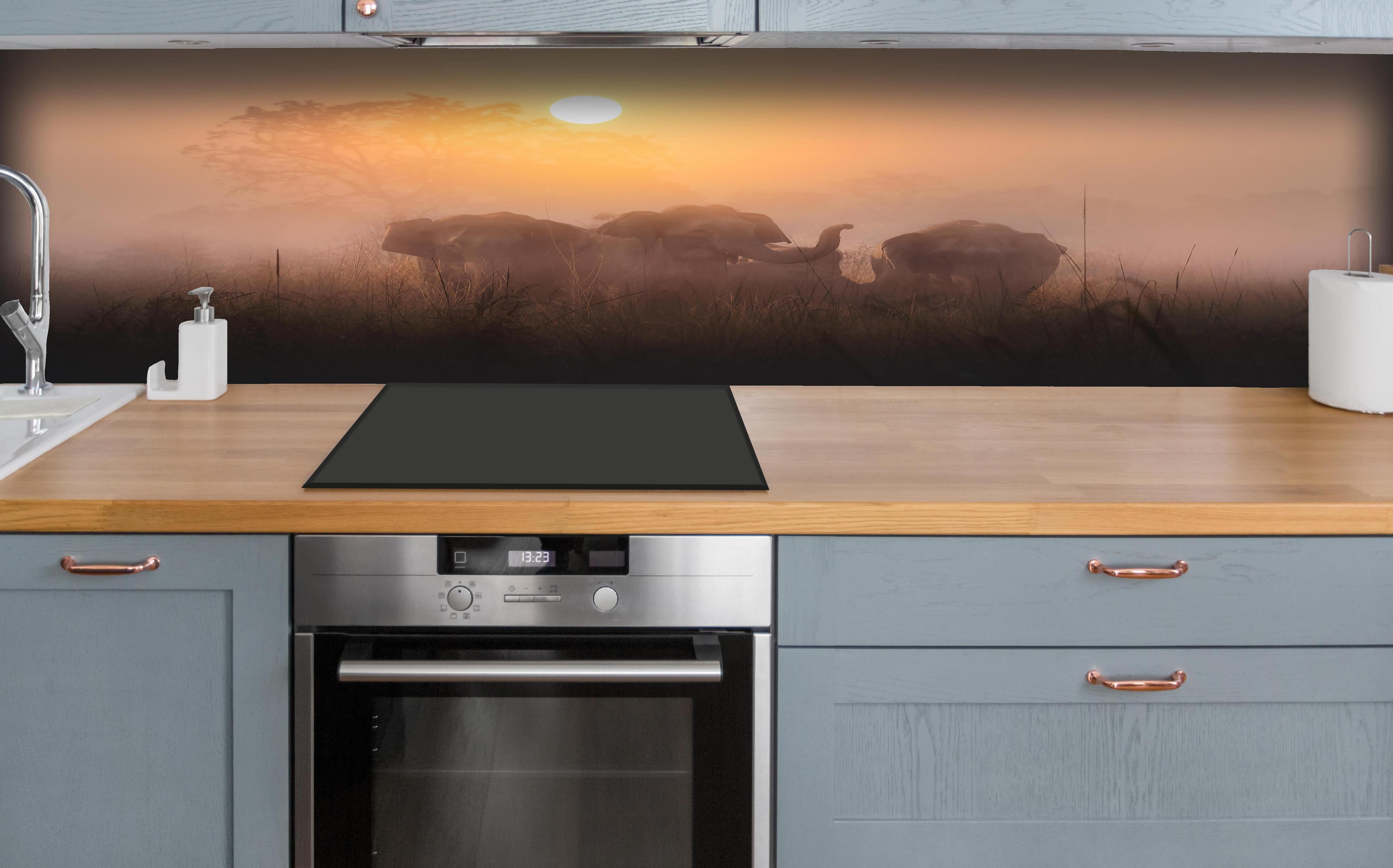 Küche - Elefanten bei Morgengrauen hinter weißen Hochglanz-Küchenregalen und schwarzem Wasserhahn