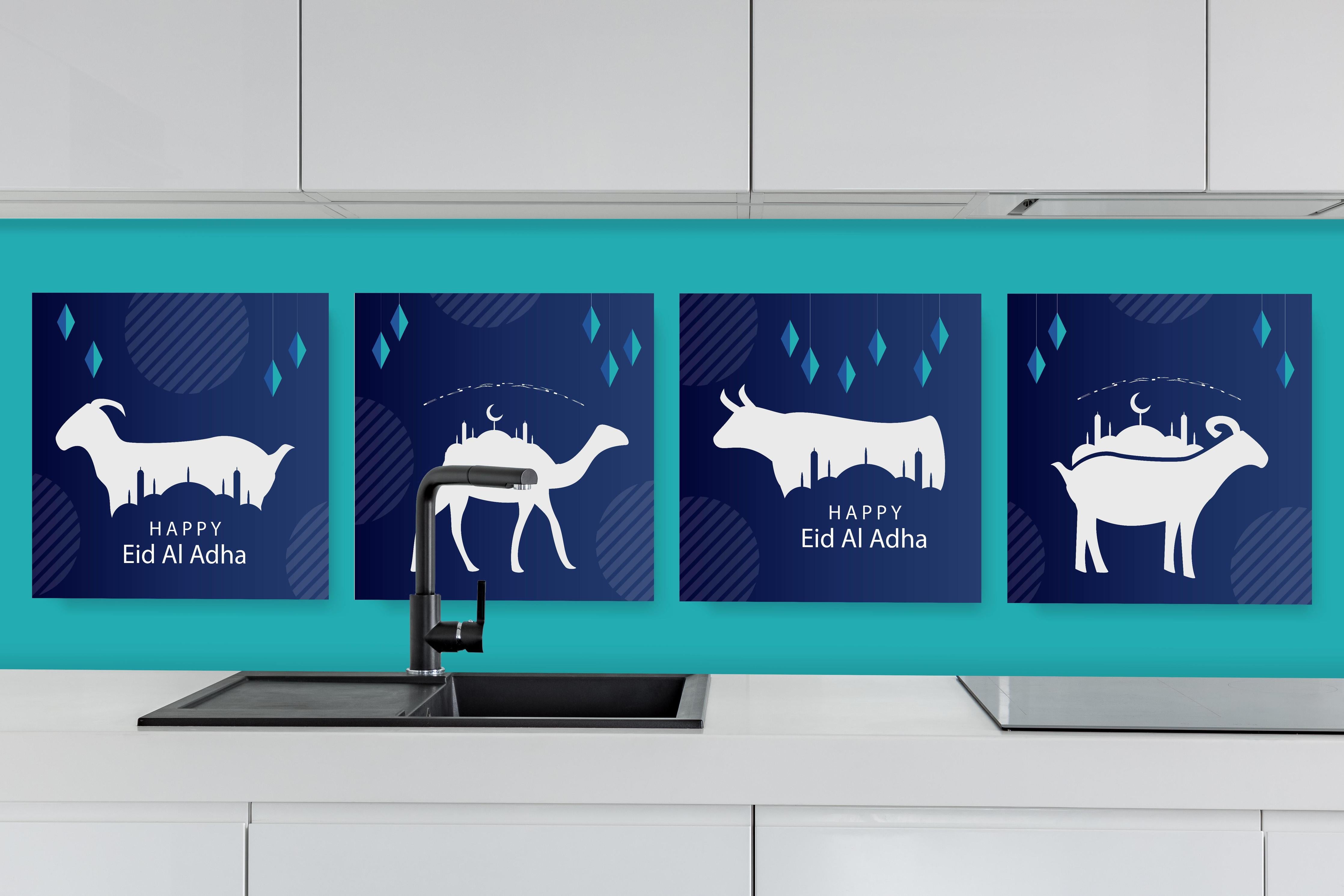 Küche - Elegante Eid Al-Adha Grußkarten Set hinter weißen Hochglanz-Küchenregalen und schwarzem Wasserhahn