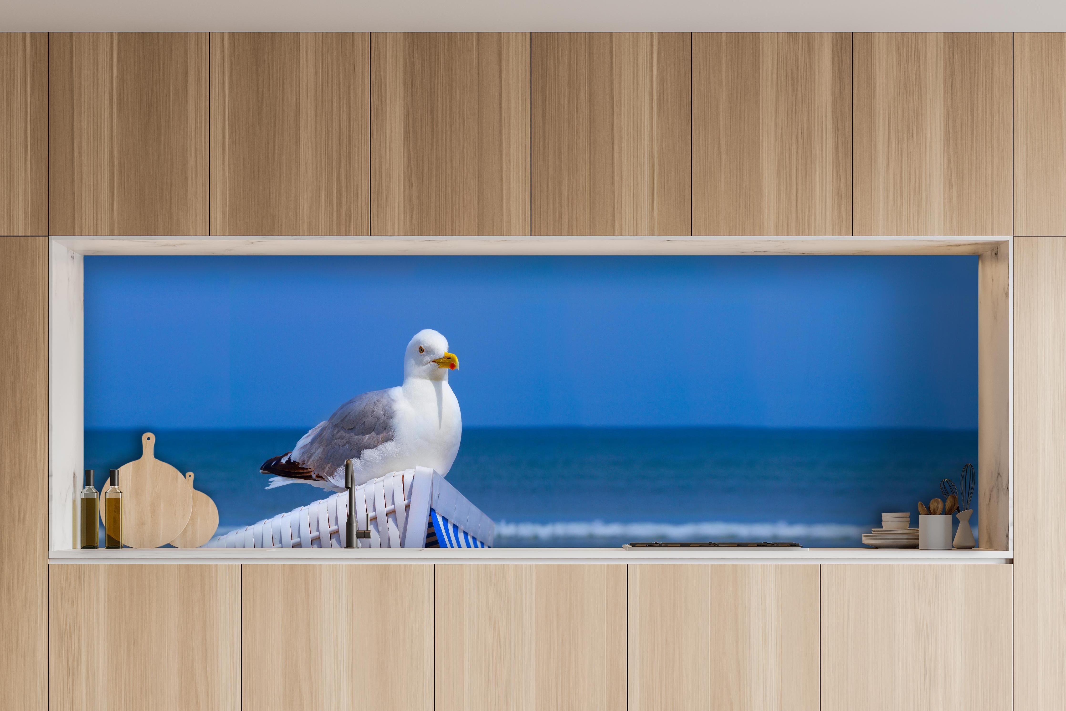 Küche - Elegante Möwe am Strand vor blauem Wasser hinter weißen Hochglanz-Küchenregalen und schwarzem Wasserhahn