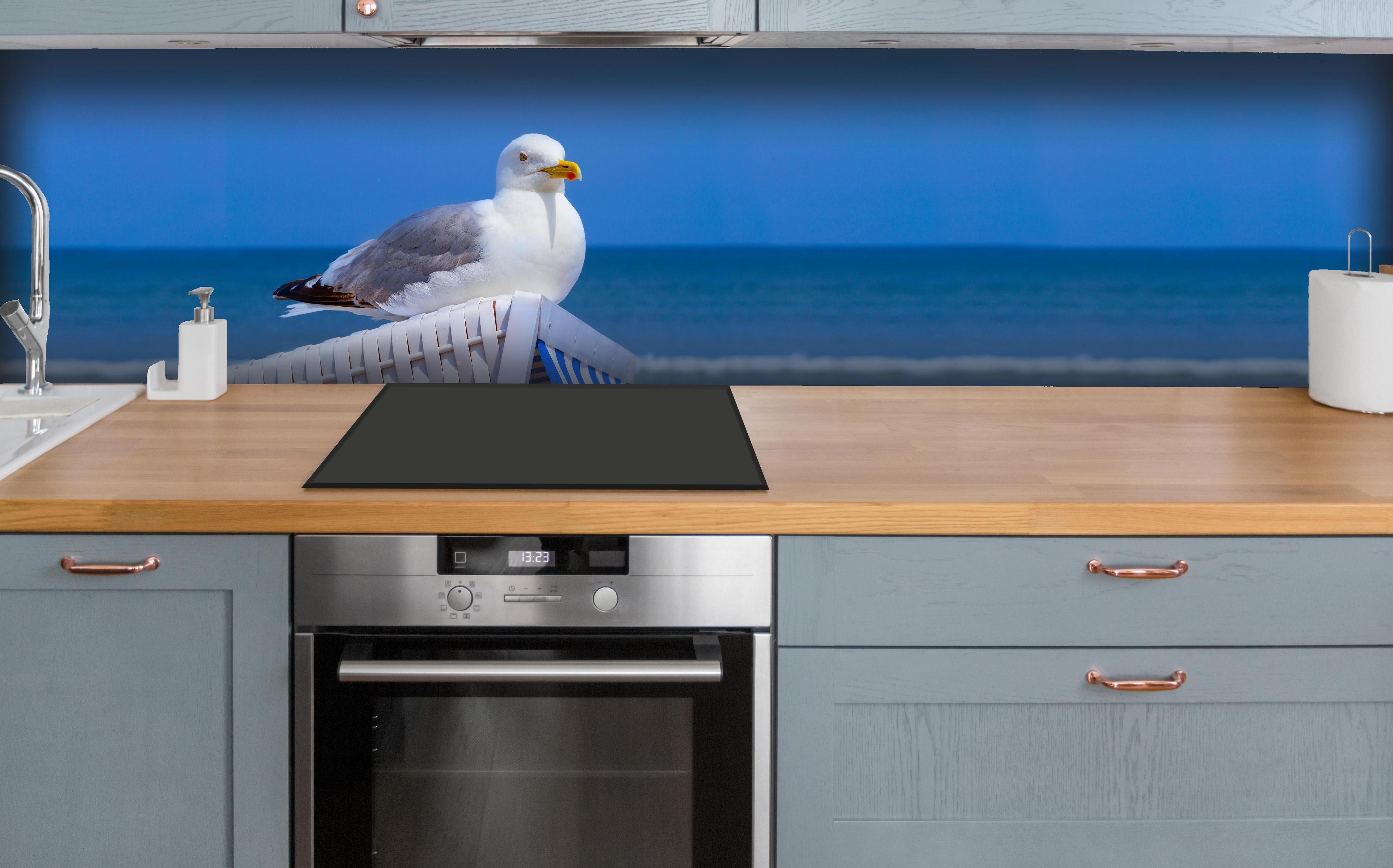 Küche - Elegante Möwe am Strand vor blauem Wasser hinter weißen Hochglanz-Küchenregalen und schwarzem Wasserhahn