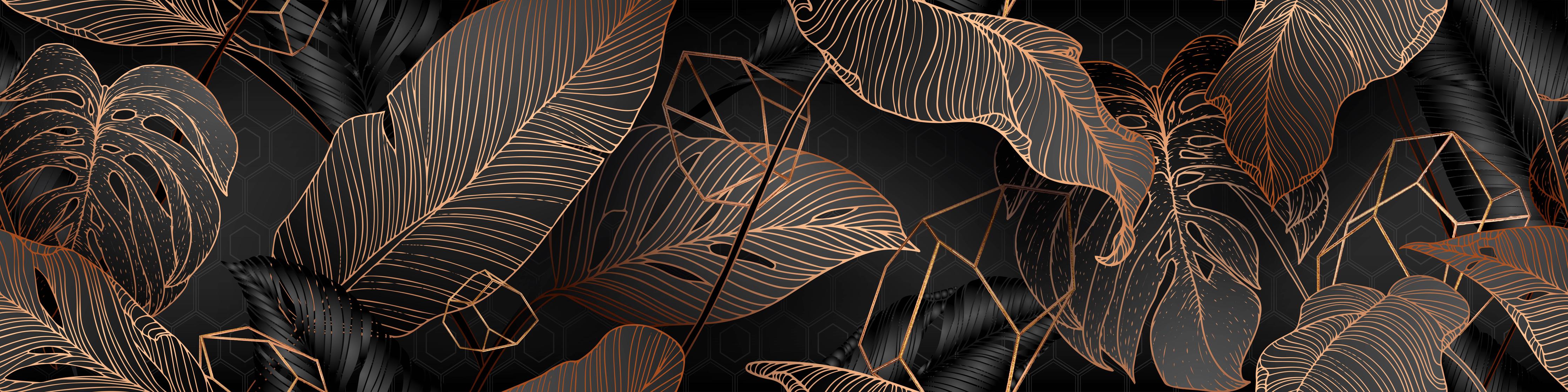 Küchenrückwand-Elegante bronzene Blattlinien auf Schwarz