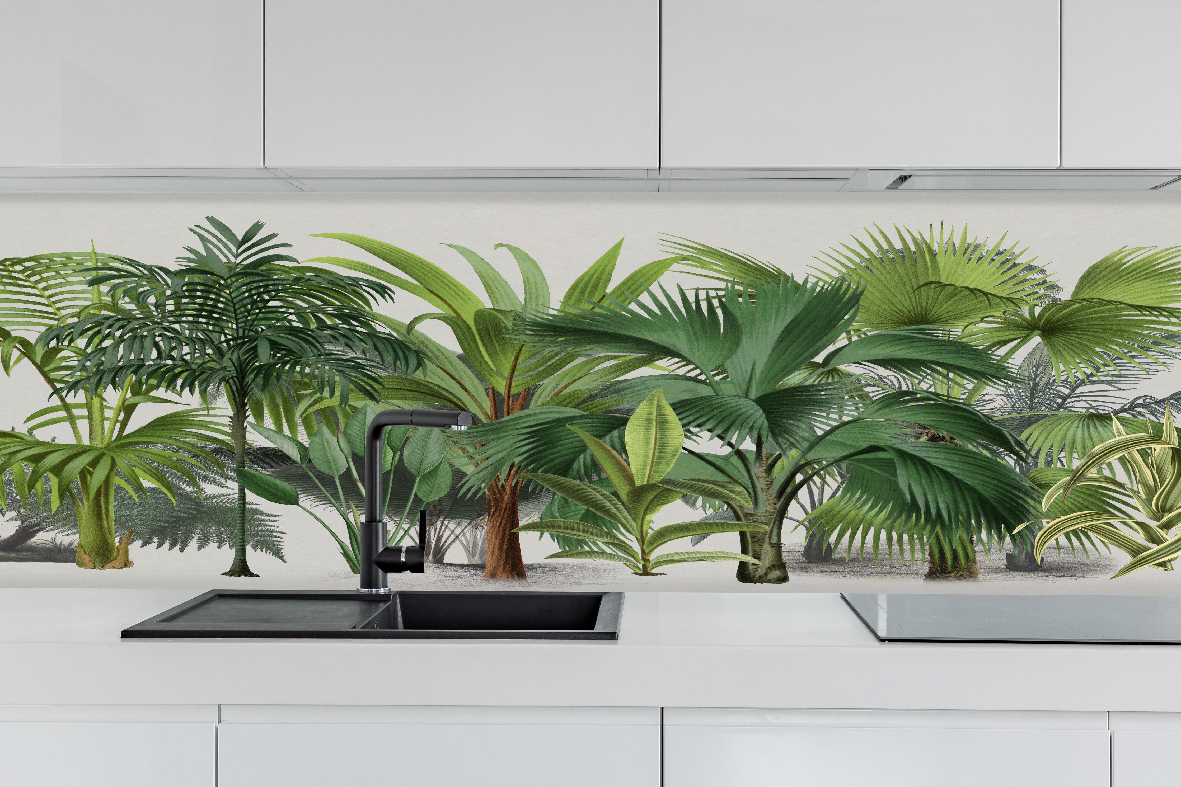 Küche - Exotische Bäume hinter weißen Hochglanz-Küchenregalen und schwarzem Wasserhahn