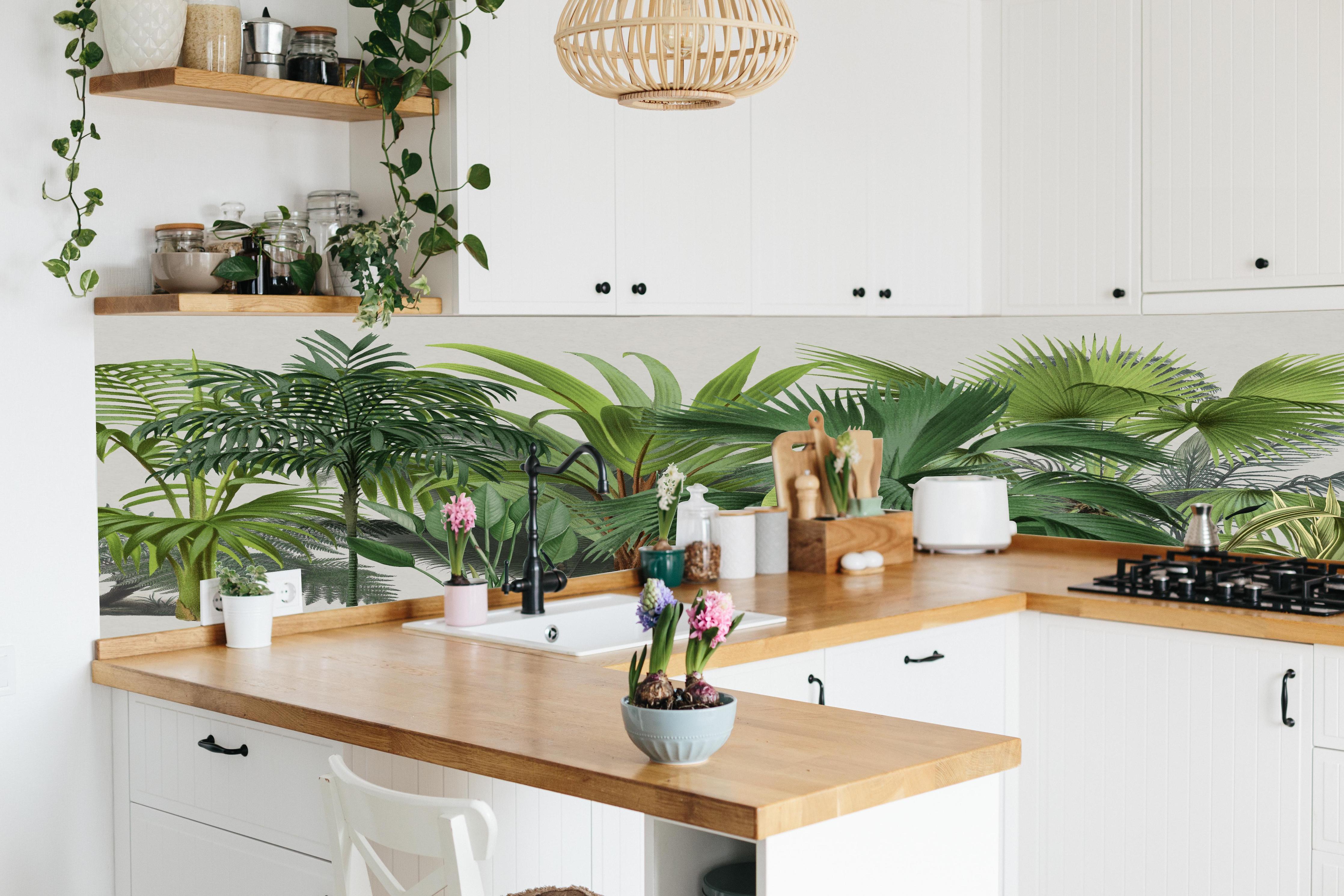 Küche - Exotische Bäume hinter weißen Hochglanz-Küchenregalen und schwarzem Wasserhahn