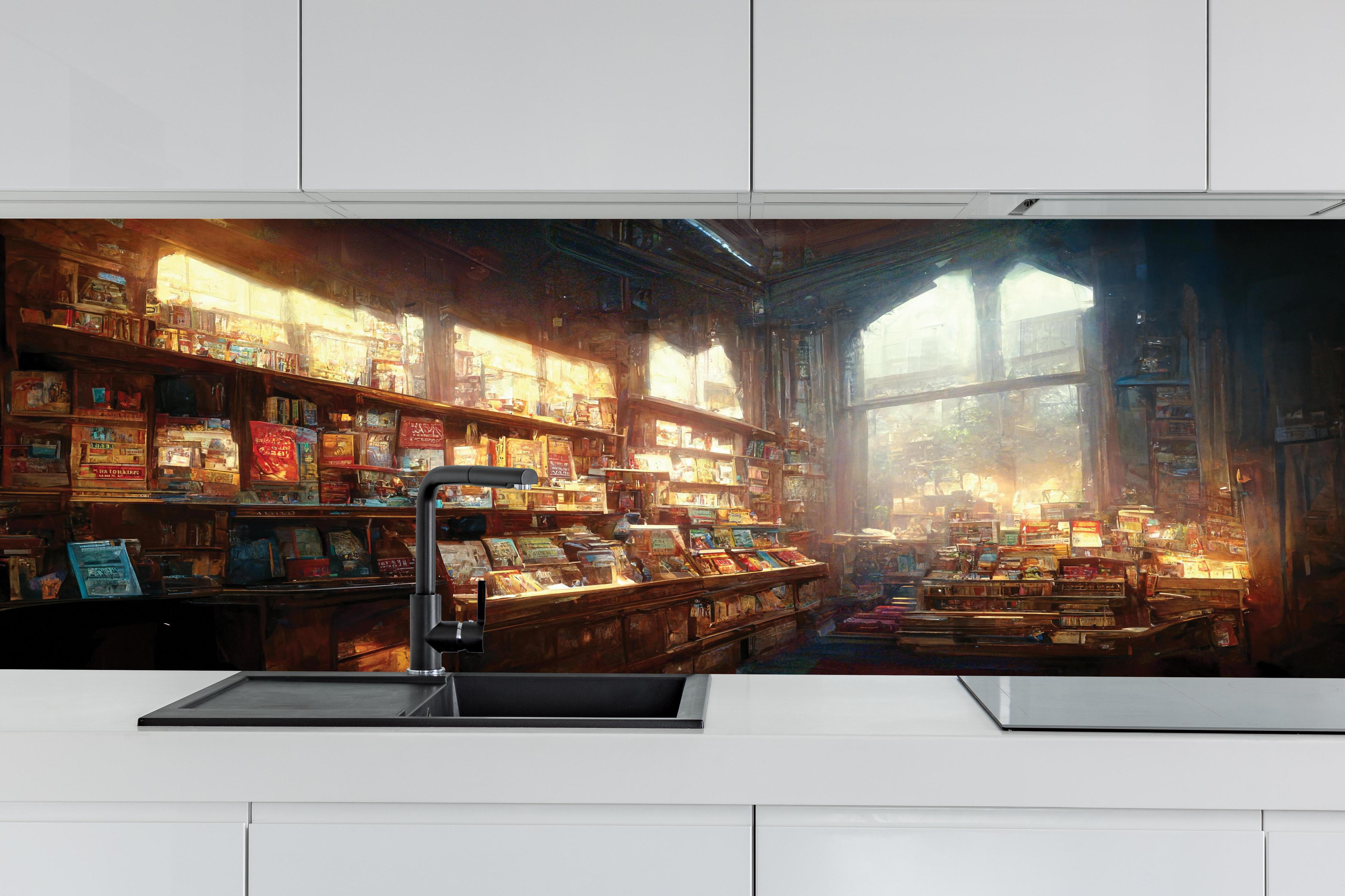 Küche - Fantasy-Buchhandlung hinter weißen Hochglanz-Küchenregalen und schwarzem Wasserhahn