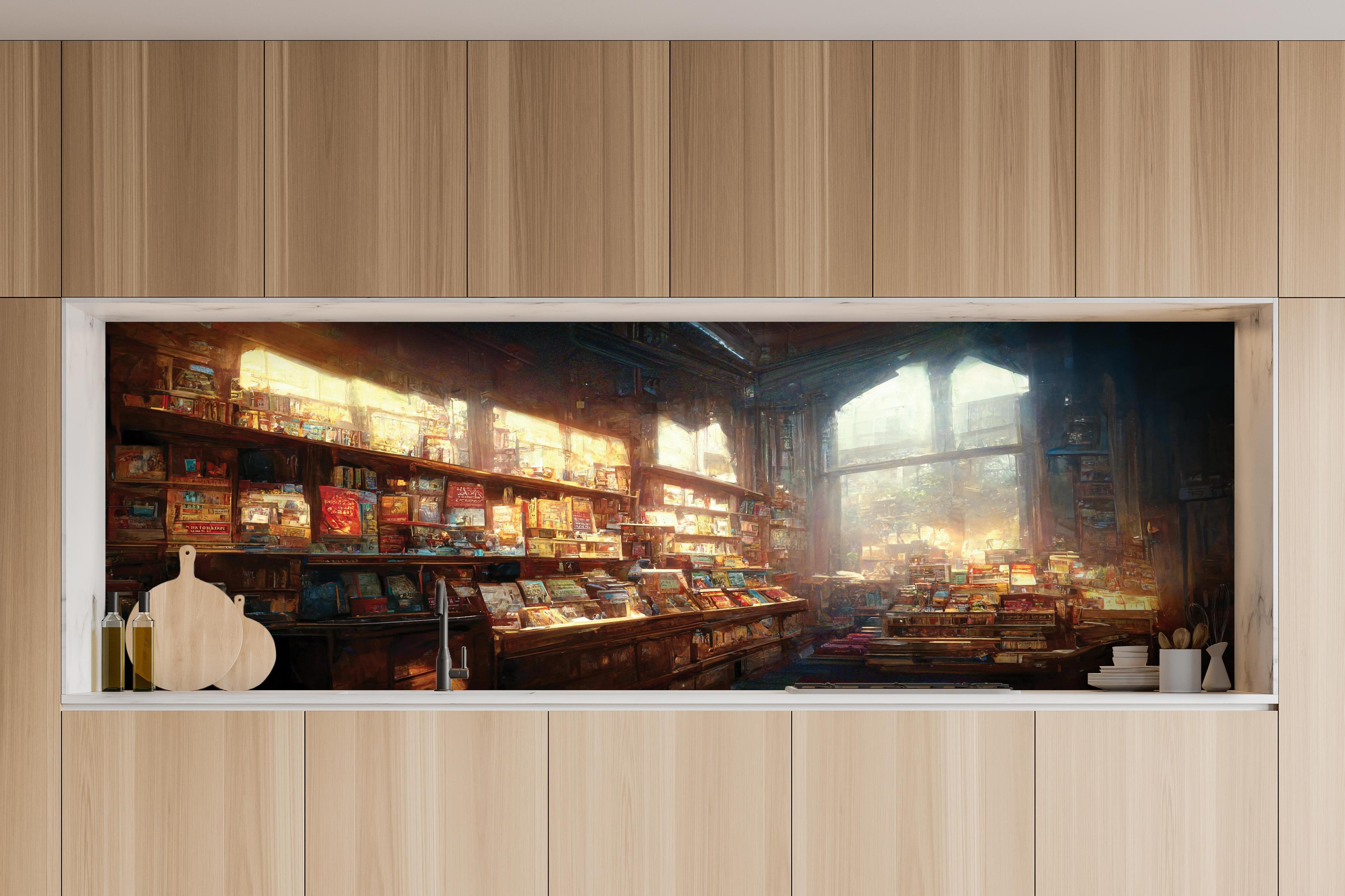 Küche - Fantasy-Buchhandlung hinter weißen Hochglanz-Küchenregalen und schwarzem Wasserhahn