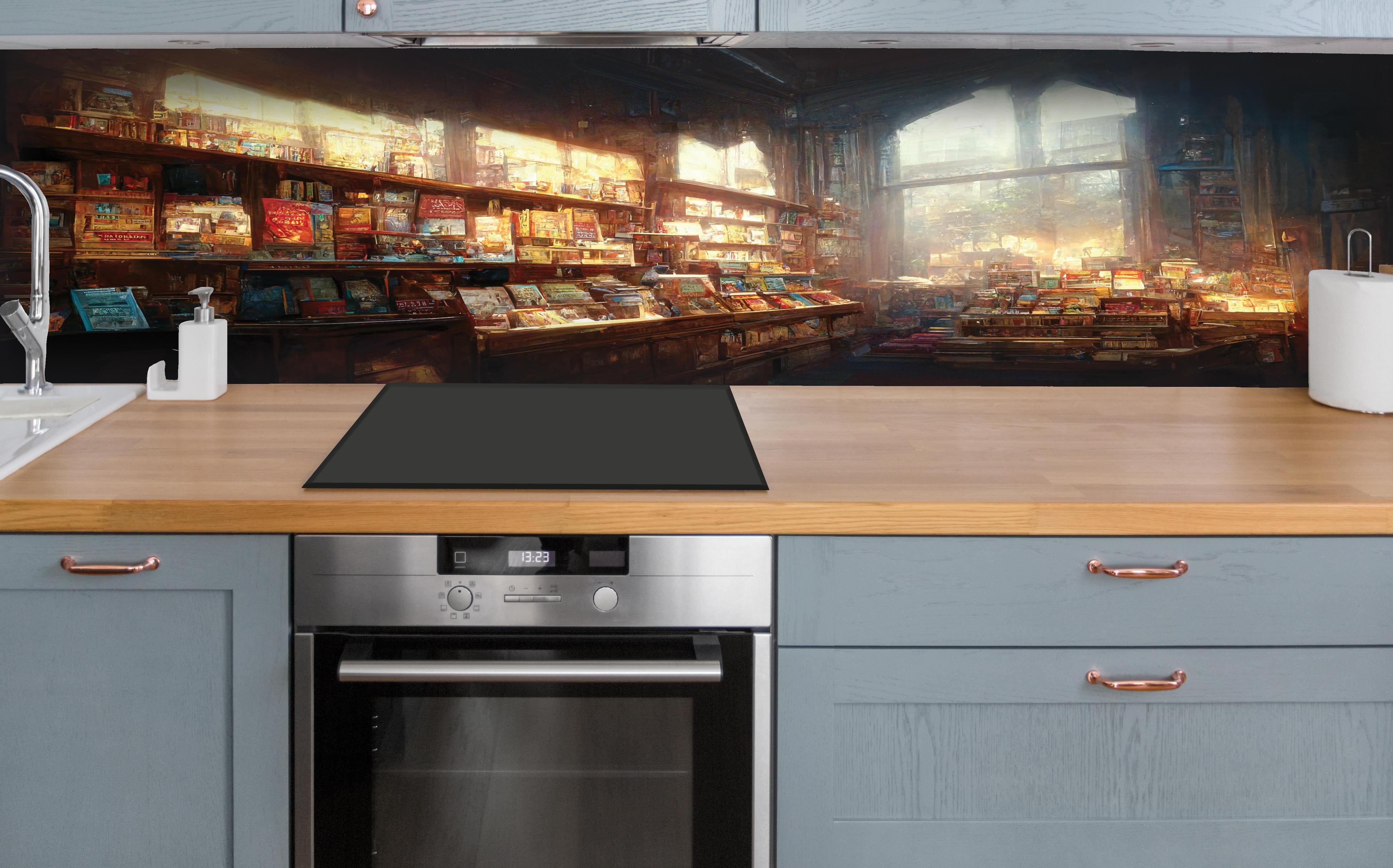 Küche - Fantasy-Buchhandlung hinter weißen Hochglanz-Küchenregalen und schwarzem Wasserhahn