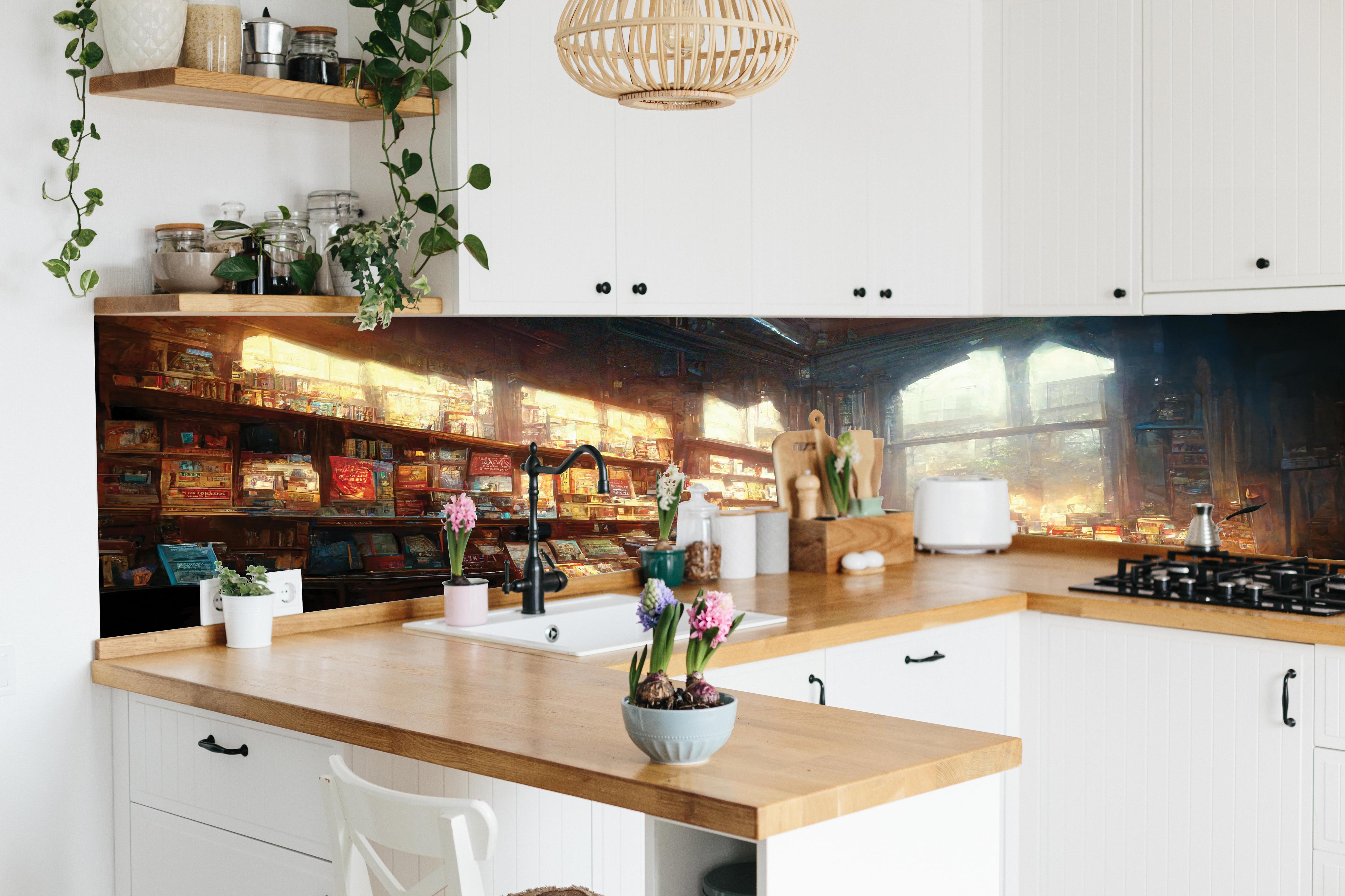 Küche - Fantasy-Buchhandlung hinter weißen Hochglanz-Küchenregalen und schwarzem Wasserhahn