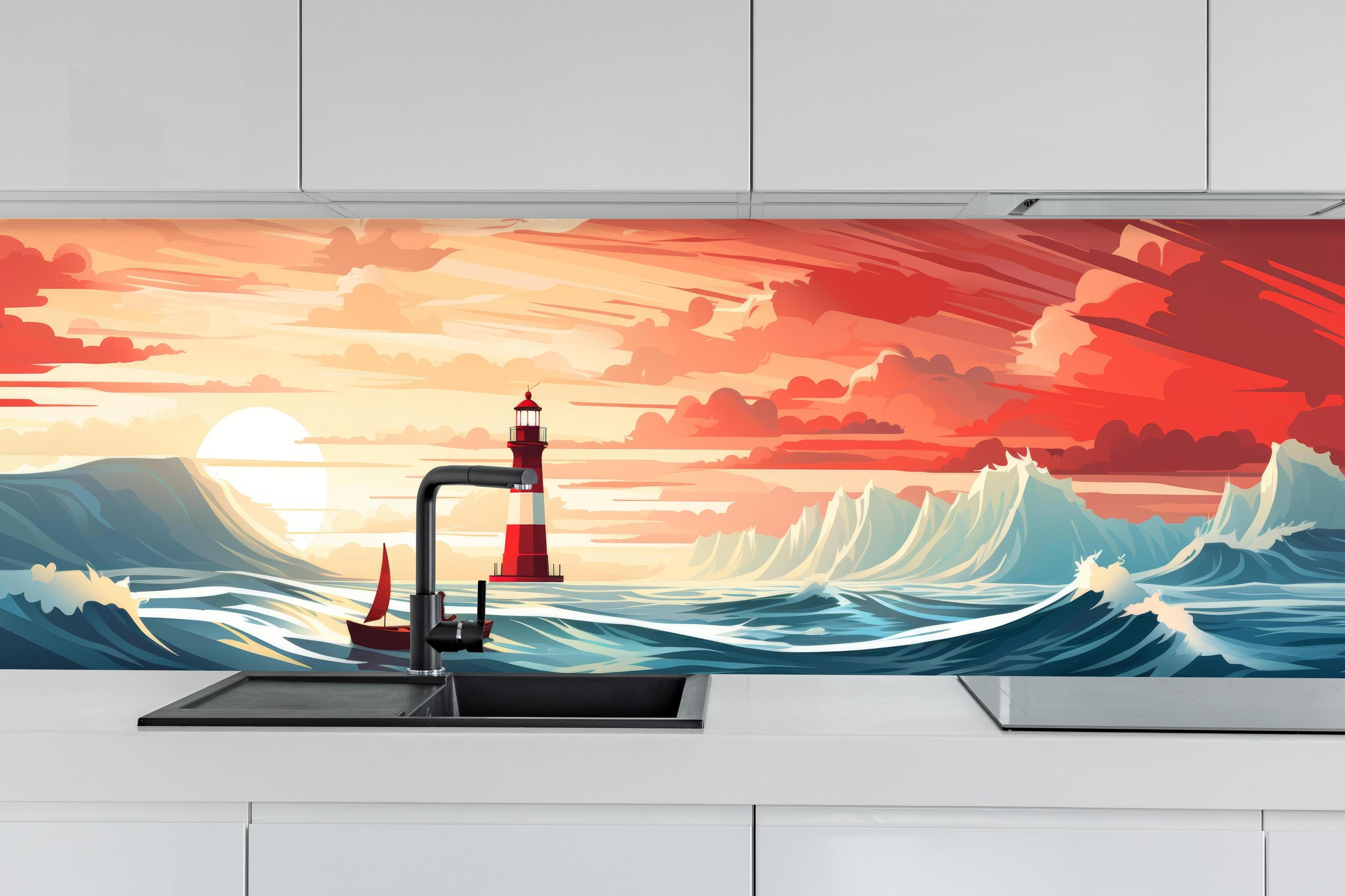 Küche - Farbeintensiver Leuchtturm in malerischer Sonnenuntergangslandschaft hinter weißen Hochglanz-Küchenregalen und schwarzem Wasserhahn