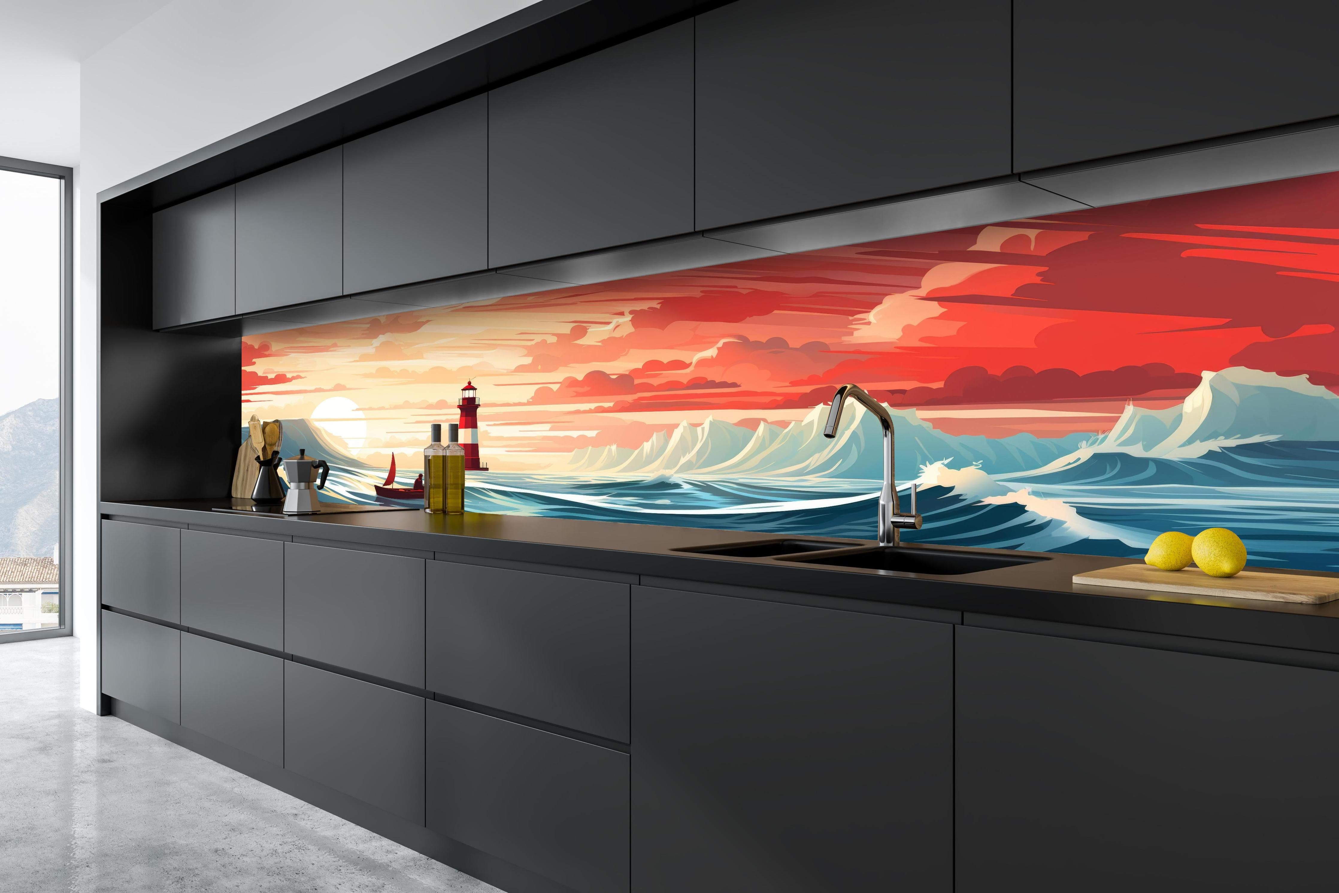 Küche - Farbeintensiver Leuchtturm in malerischer Sonnenuntergangslandschaft hinter weißen Hochglanz-Küchenregalen und schwarzem Wasserhahn