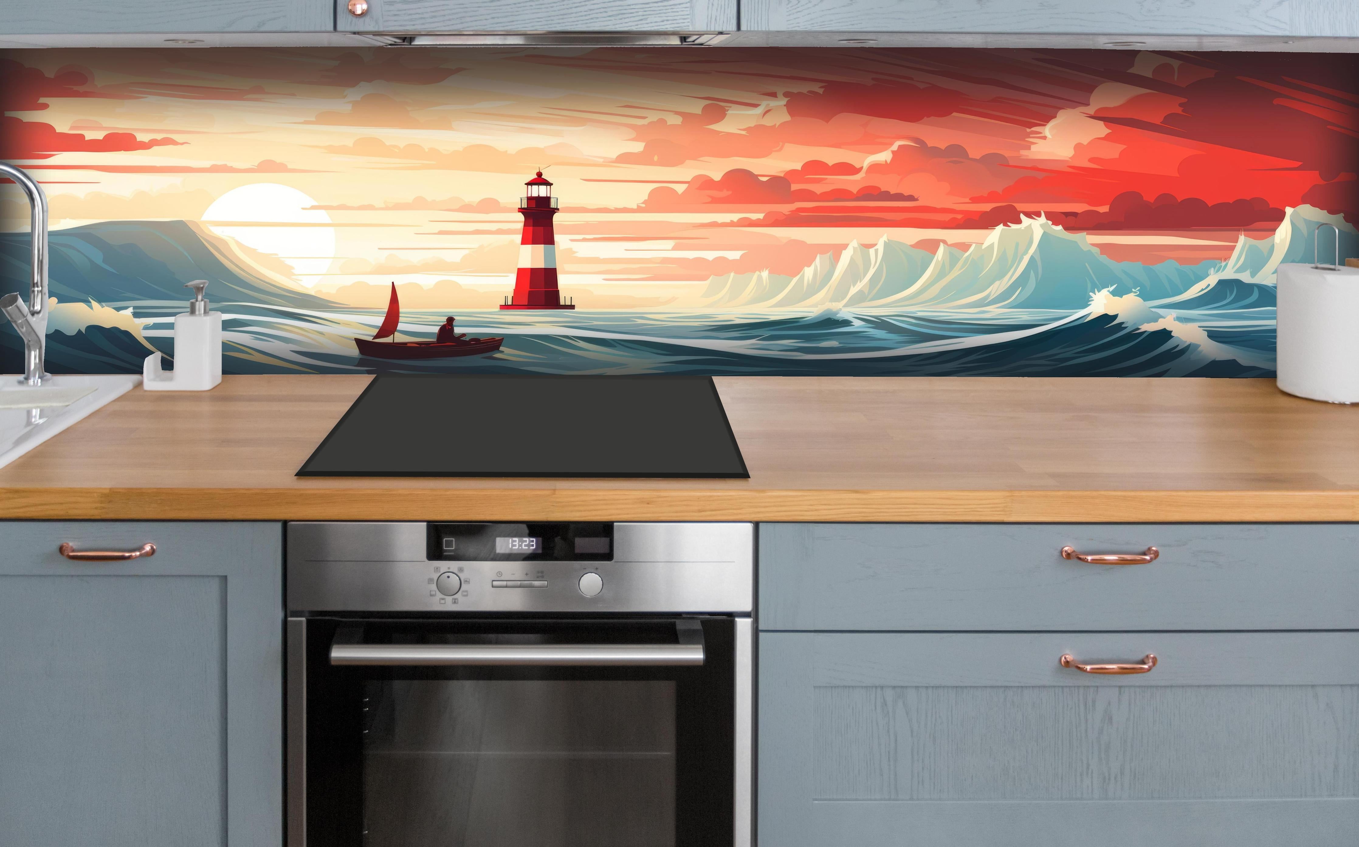 Küche - Farbeintensiver Leuchtturm in malerischer Sonnenuntergangslandschaft hinter weißen Hochglanz-Küchenregalen und schwarzem Wasserhahn
