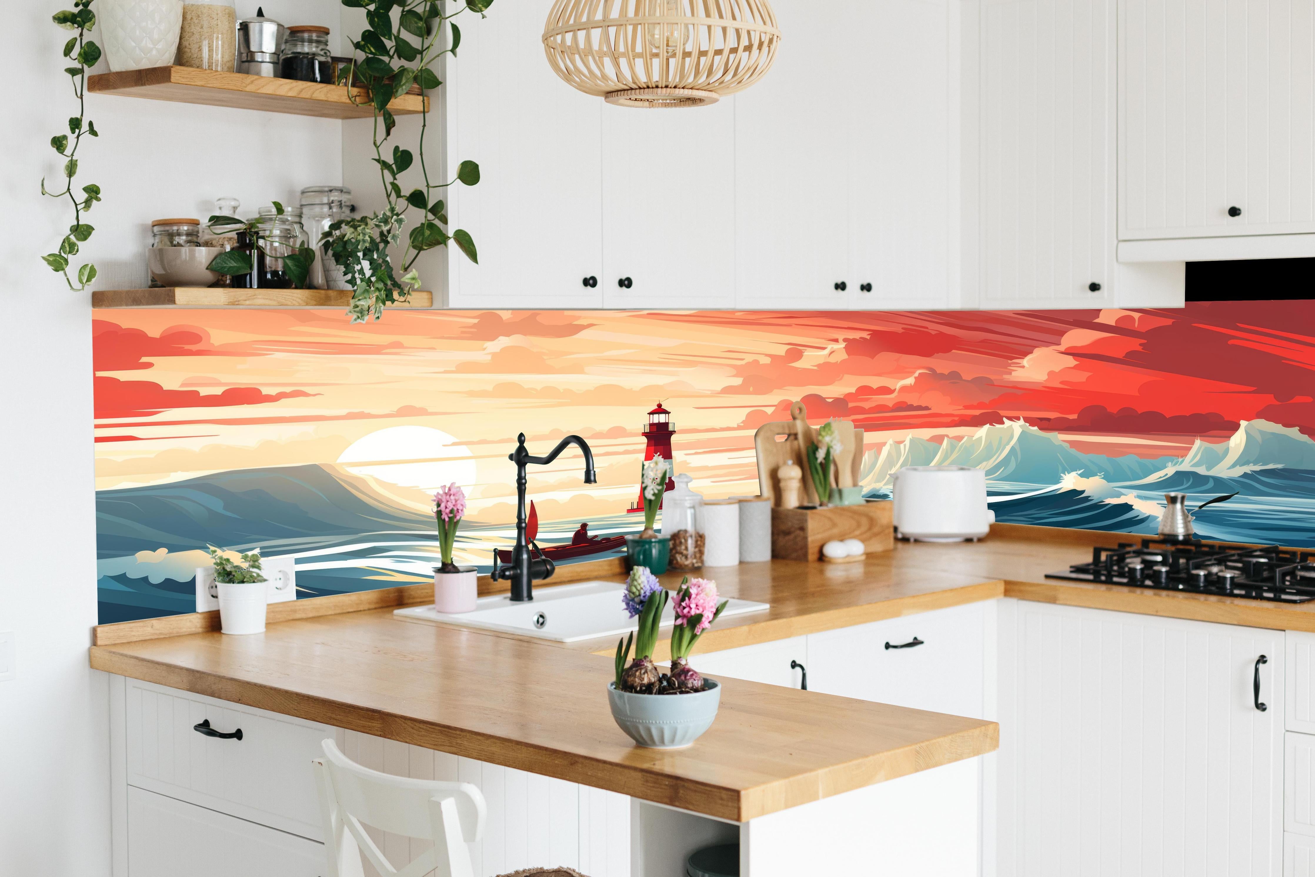 Küche - Farbeintensiver Leuchtturm in malerischer Sonnenuntergangslandschaft hinter weißen Hochglanz-Küchenregalen und schwarzem Wasserhahn