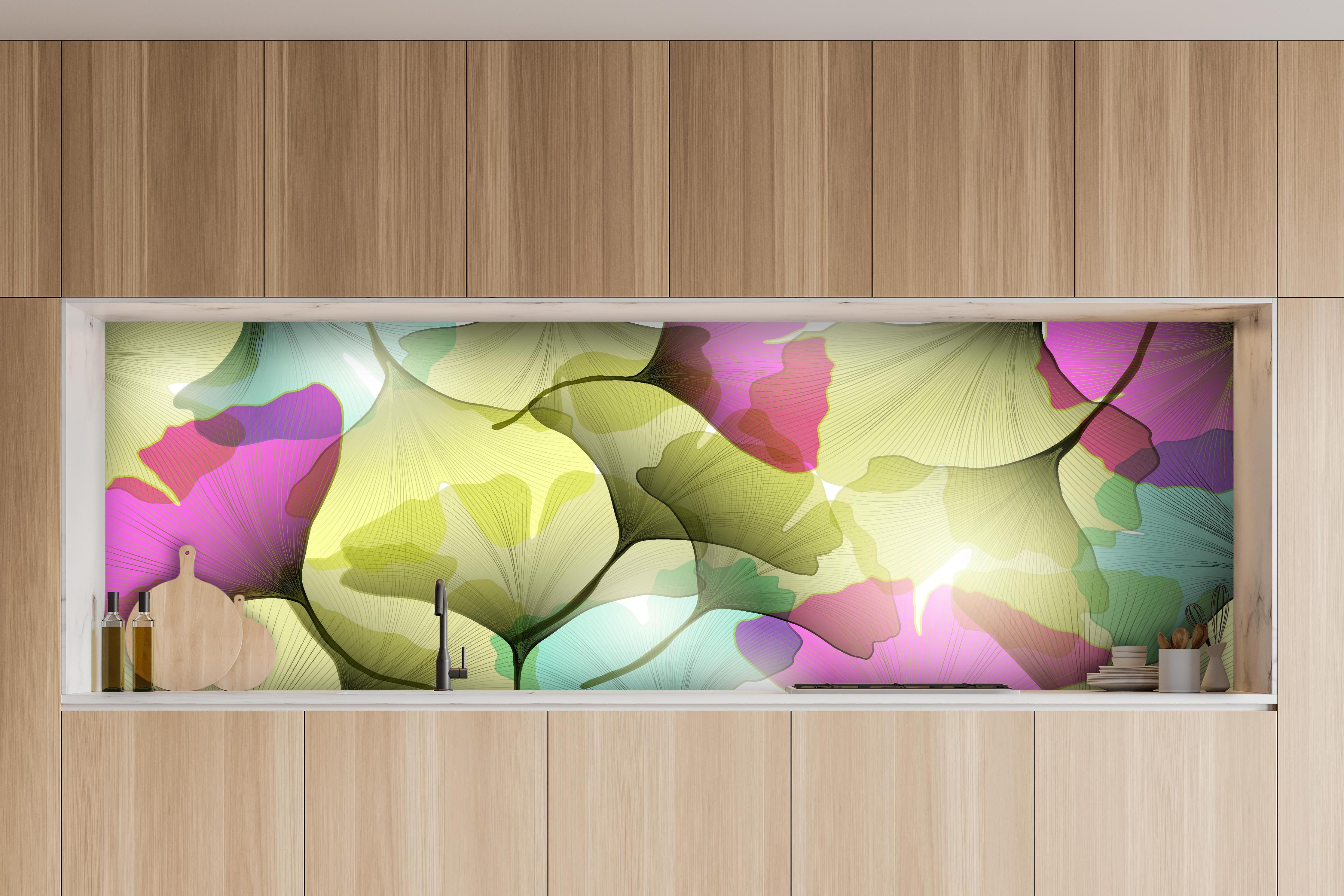 Küche - Farbenfrohe Ginkgo Blätter Kunst-Design hinter weißen Hochglanz-Küchenregalen und schwarzem Wasserhahn