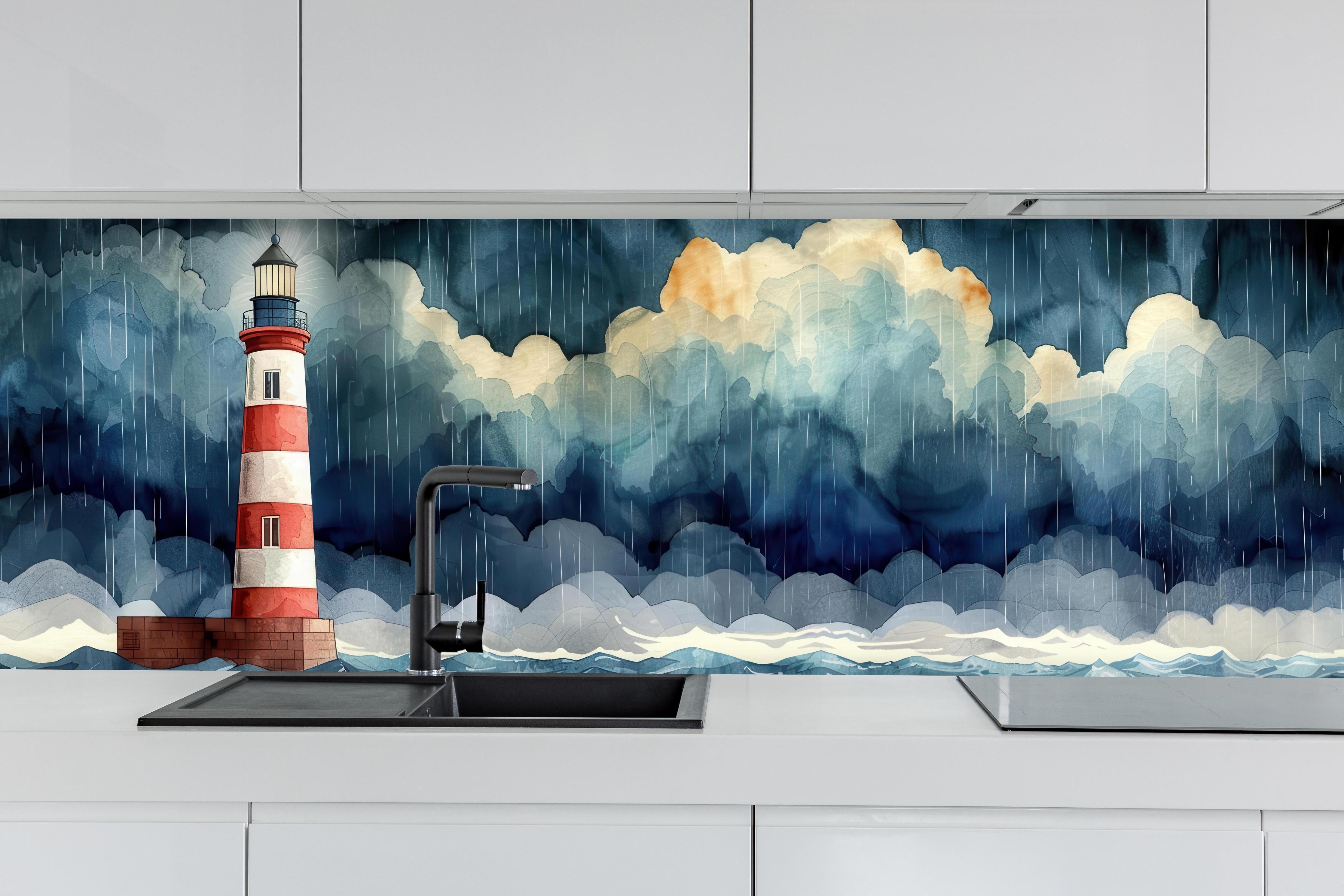 Küche - Faszinierender Leuchtturm umgeben von stürmischem Himmel hinter weißen Hochglanz-Küchenregalen und schwarzem Wasserhahn